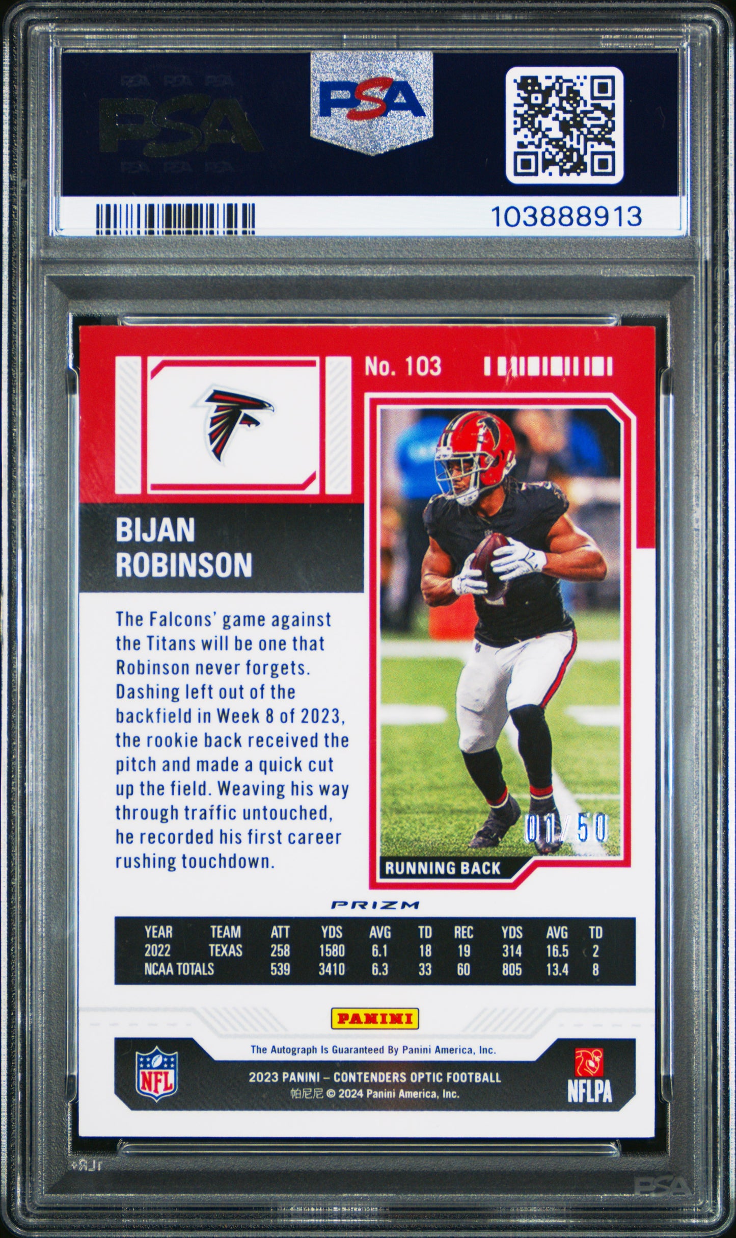 2023 Panini Contenders Optic #103 Bijan Robinson Autograph-Orange PSA 9