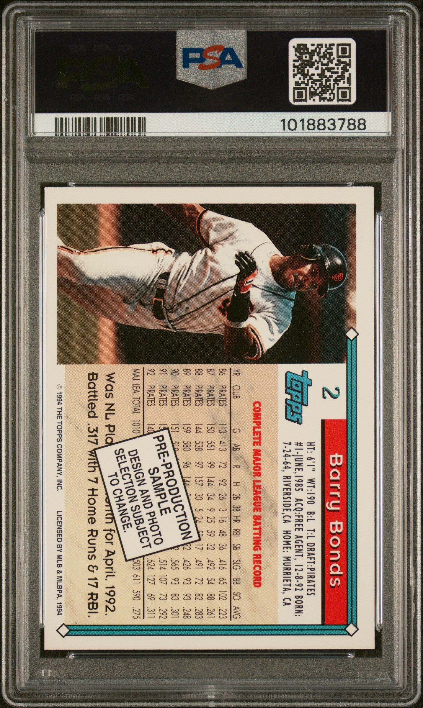 1994 Topps Pre-Production #2 Barry Bonds Pre-Production-Horiz. PSA 10