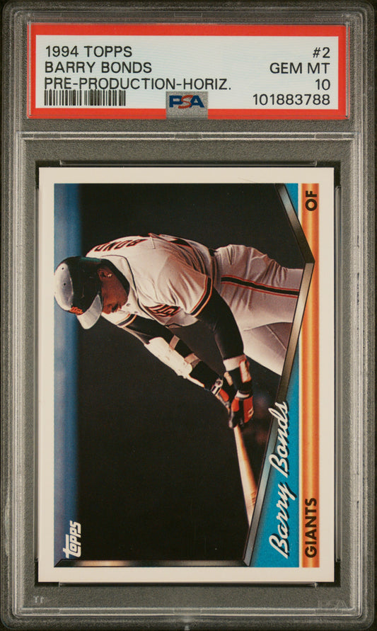 1994 Topps Pre-Production #2 Barry Bonds Pre-Production-Horiz. PSA 10