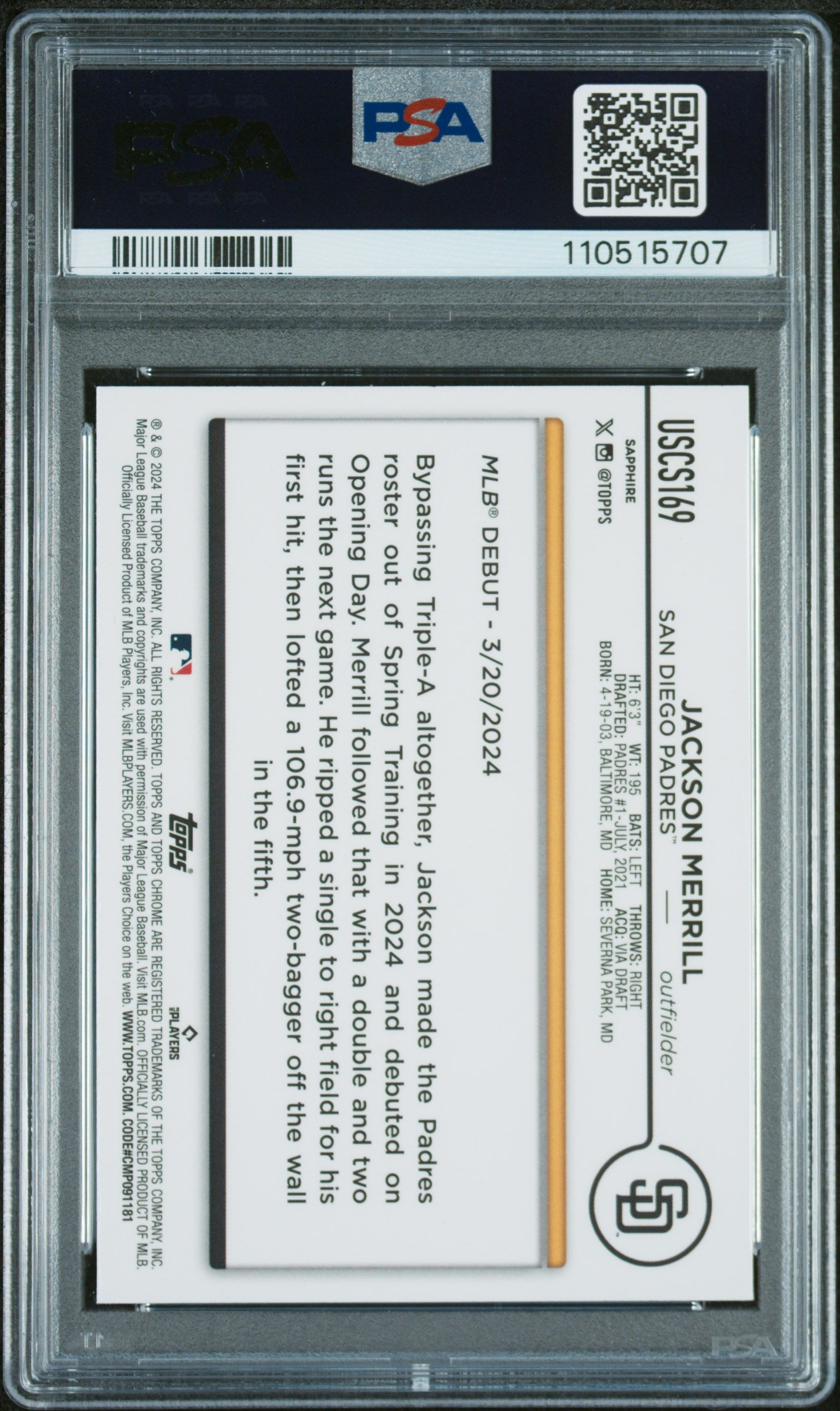 2024 Topps Chrome Sapphire Update Series #169 Jackson Merrill PSA 10