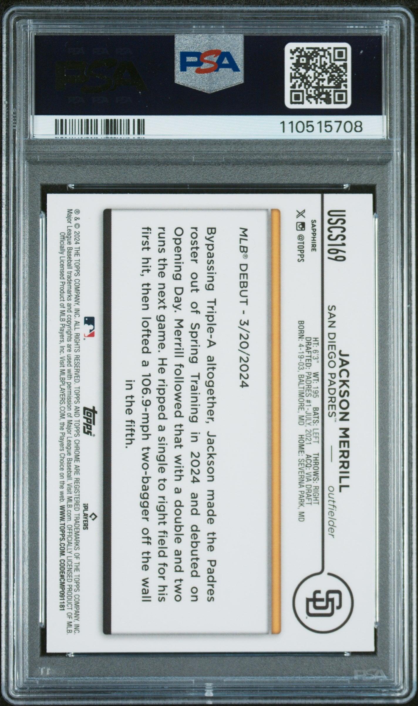 2024 Topps Chrome Sapphire Update Series #169 Jackson Merrill PSA 10