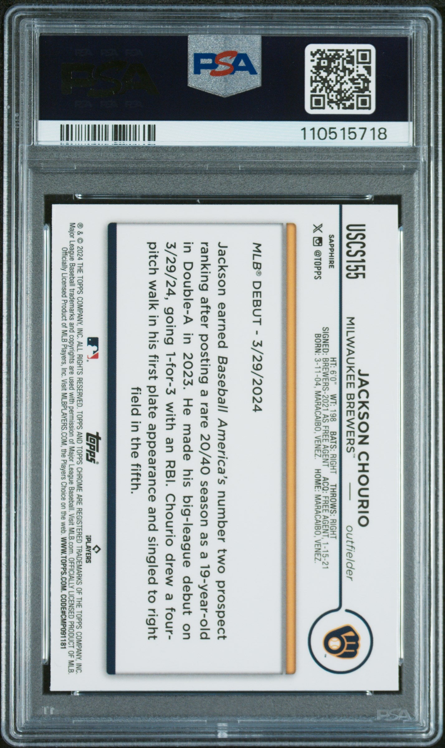 2024 Topps Chrome Sapphire Update Series #155 Jackson Chourio PSA 10