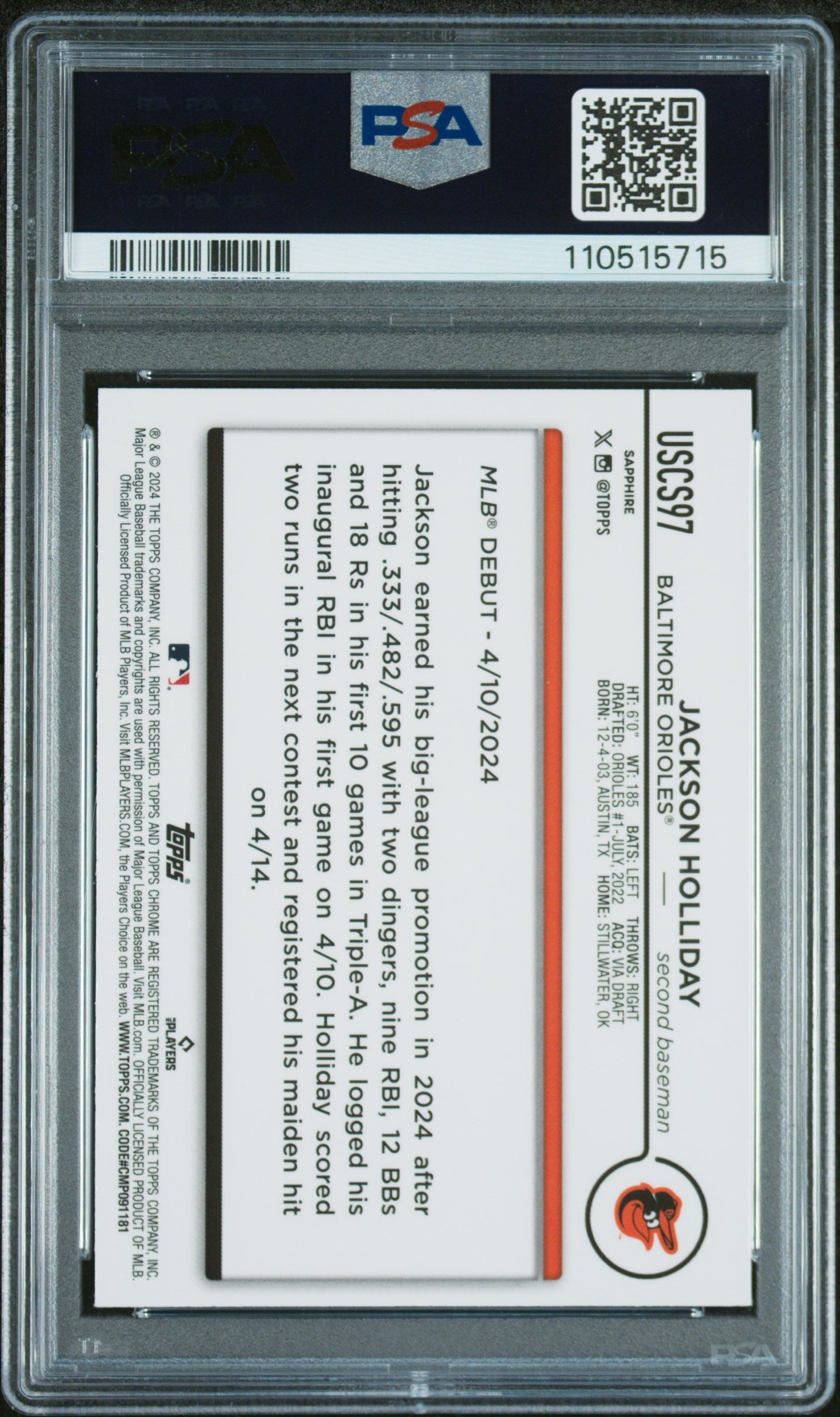 2024 Topps Chrome Sapphire Update Series #97 Jackson Holliday PSA 9