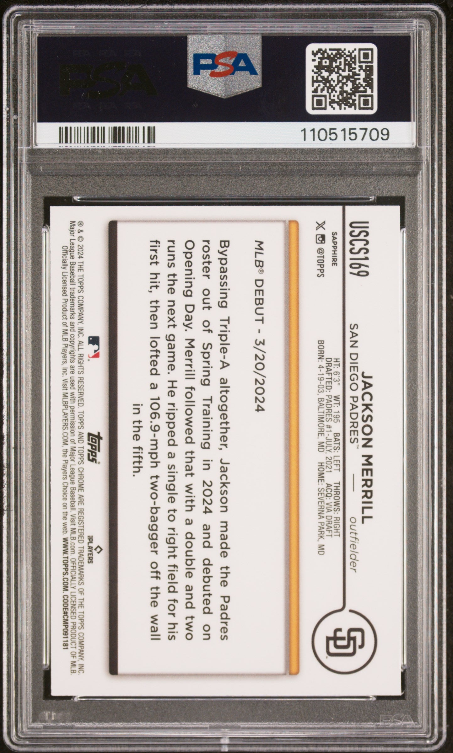 2024 Topps Chrome Sapphire Update Series #169 Jackson Merrill PSA 9