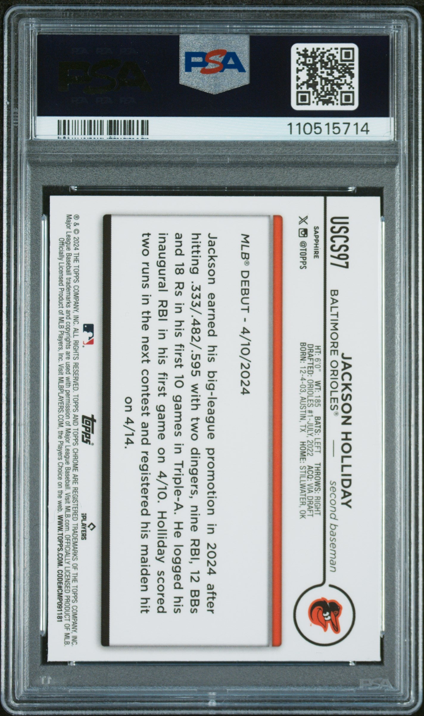 2024 Topps Chrome Sapphire Update Series #97 Jackson Holliday PSA 9