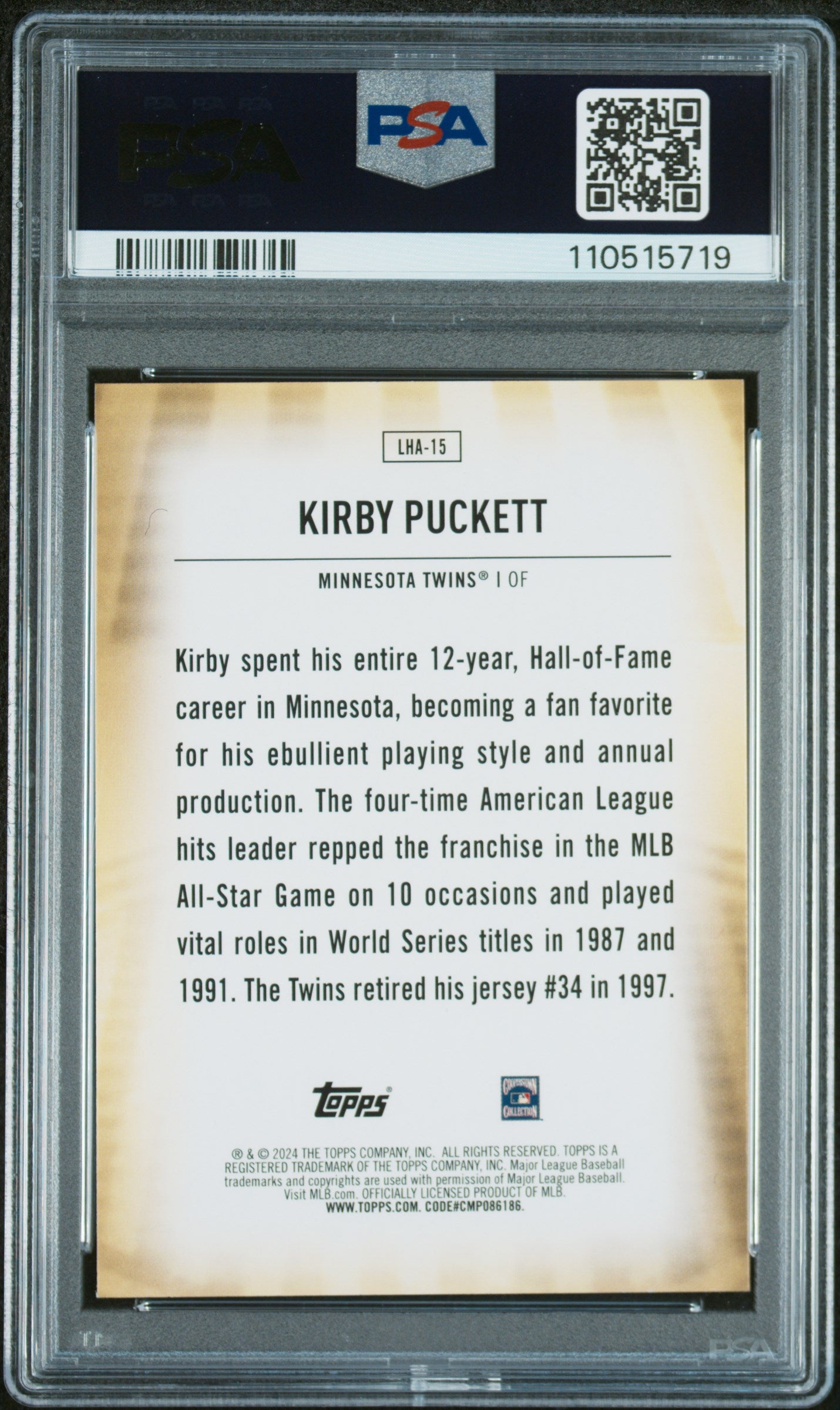 2024 Topps Legendary Home Field Advantage #LHA15 Kirby Puckett PSA 9