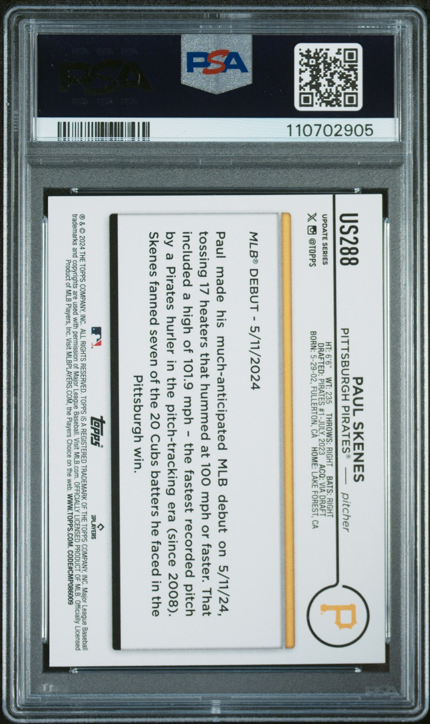 2024 Topps Update #US288 Paul Skenes PSA 9