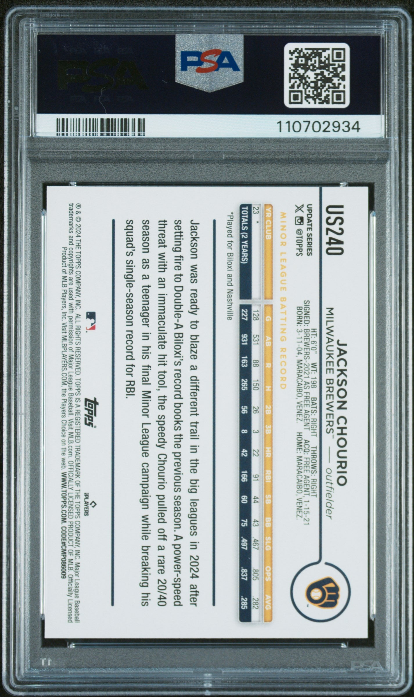 2024 Topps Update #US240 Jackson Chourio PSA 9