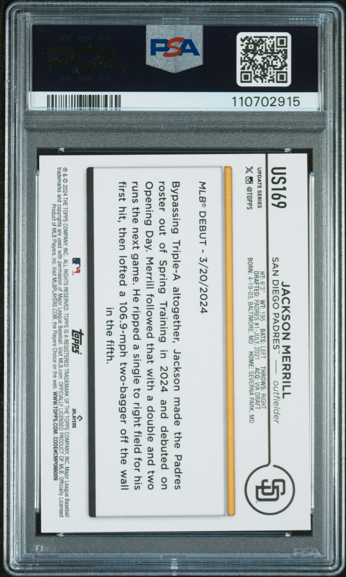 2024 Topps Update #US169 Jackson Merrill PSA 9
