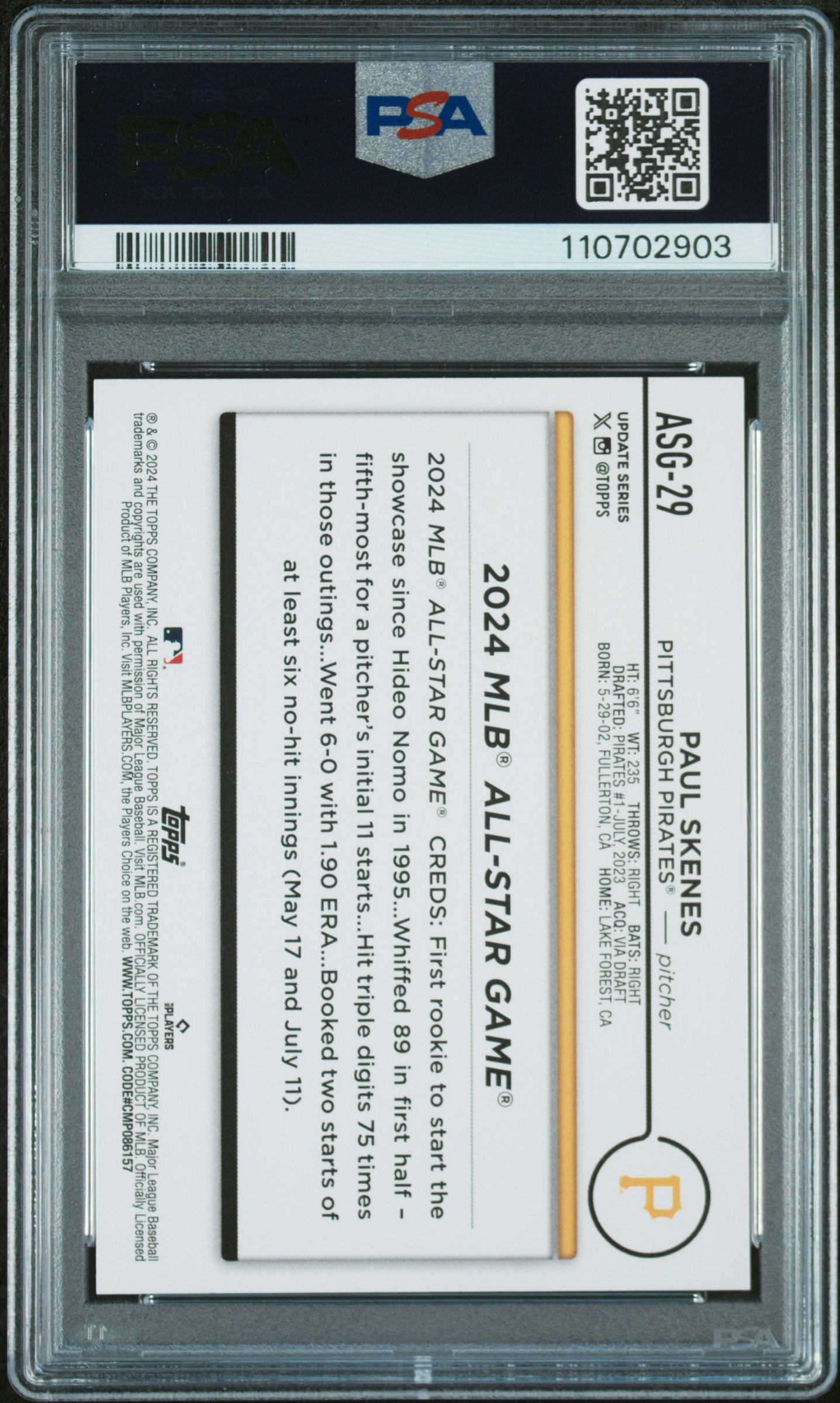 2024 Topps Update 2024 All-Star Game #ASG29 Paul Skenes PSA 9