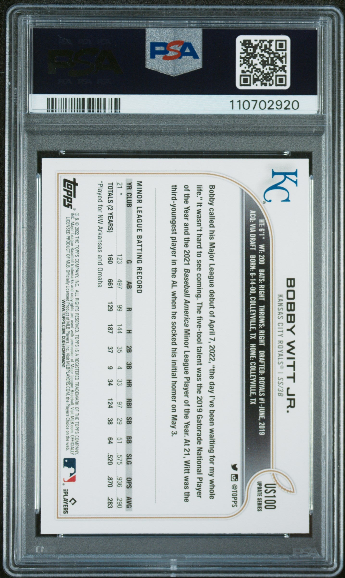 2022 Topps Update #US100 Bobby Witt Jr. PSA 9