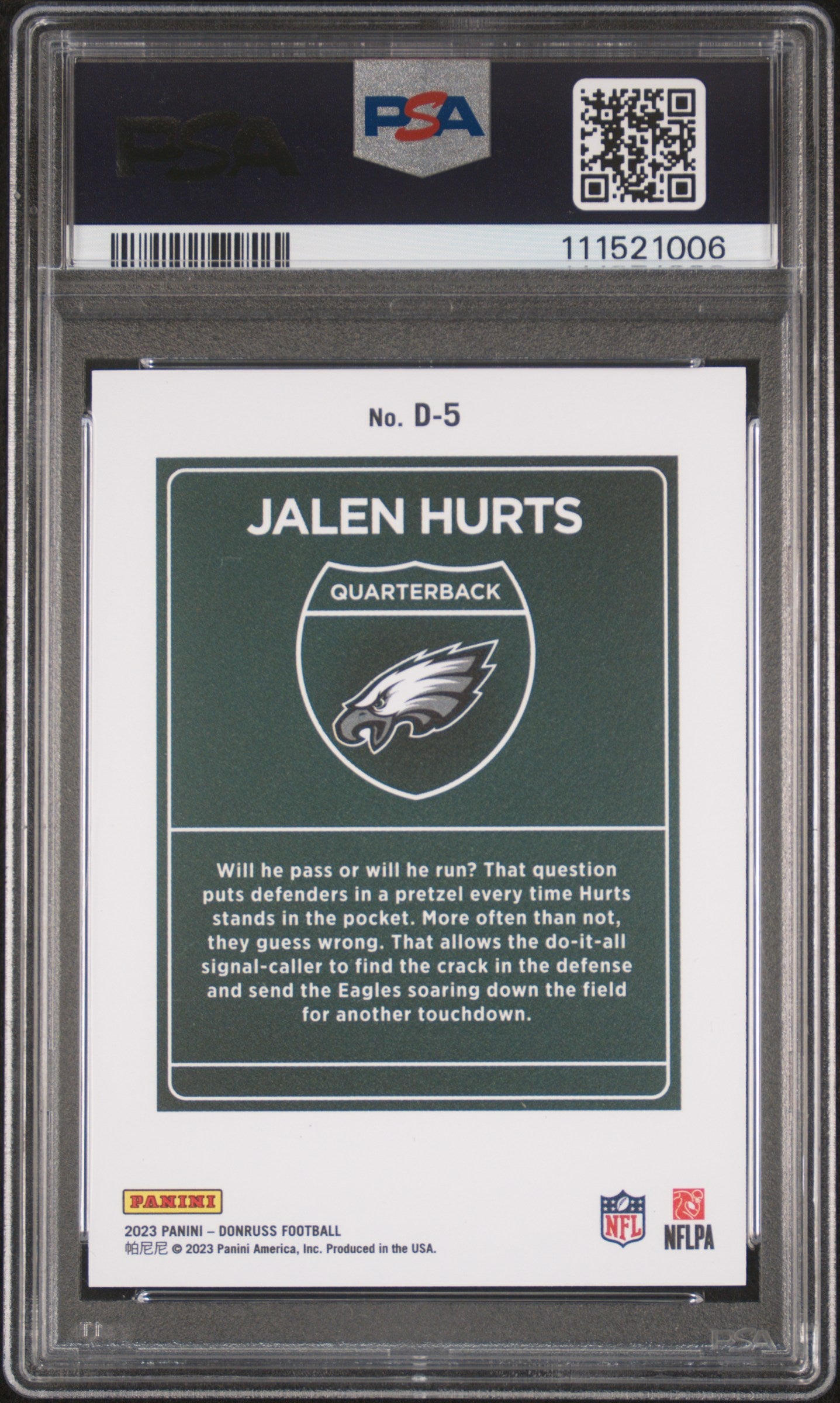 2023 Panini Donruss Downtown! #D5 Jalen Hurts PSA 9