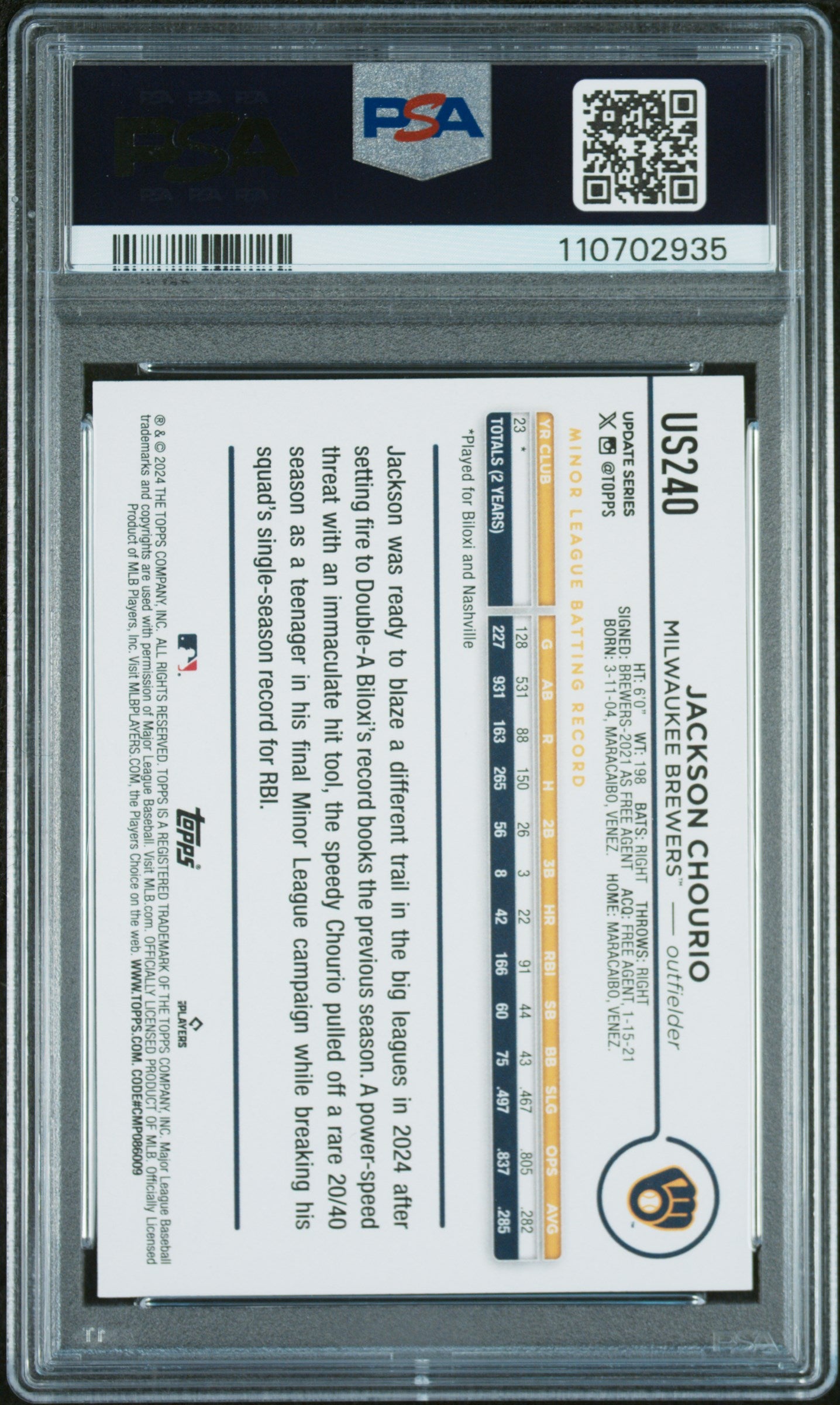 2024 Topps Update #US240 Jackson Chourio PSA 10