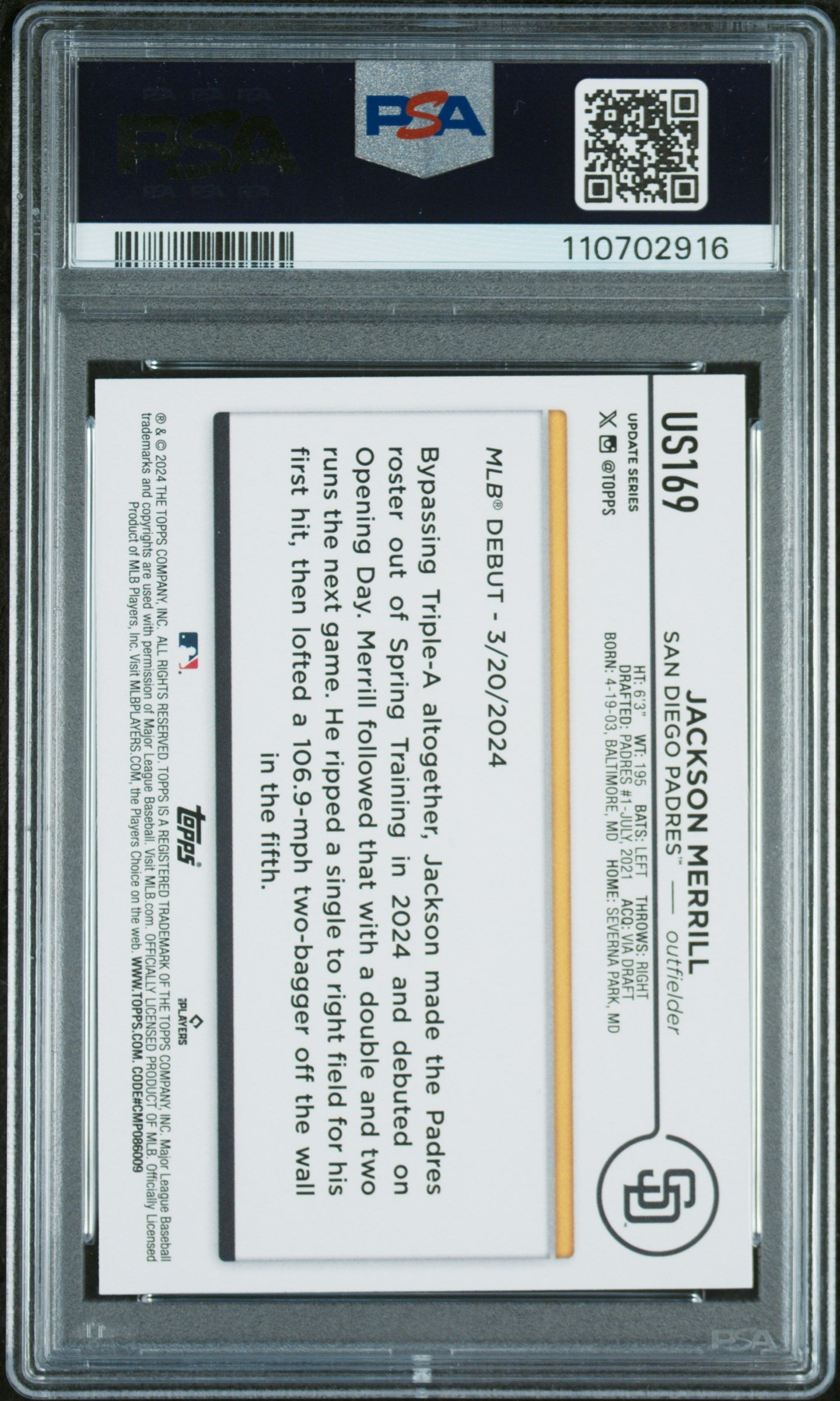 2024 Topps Update #US169 Jackson Merrill PSA 10