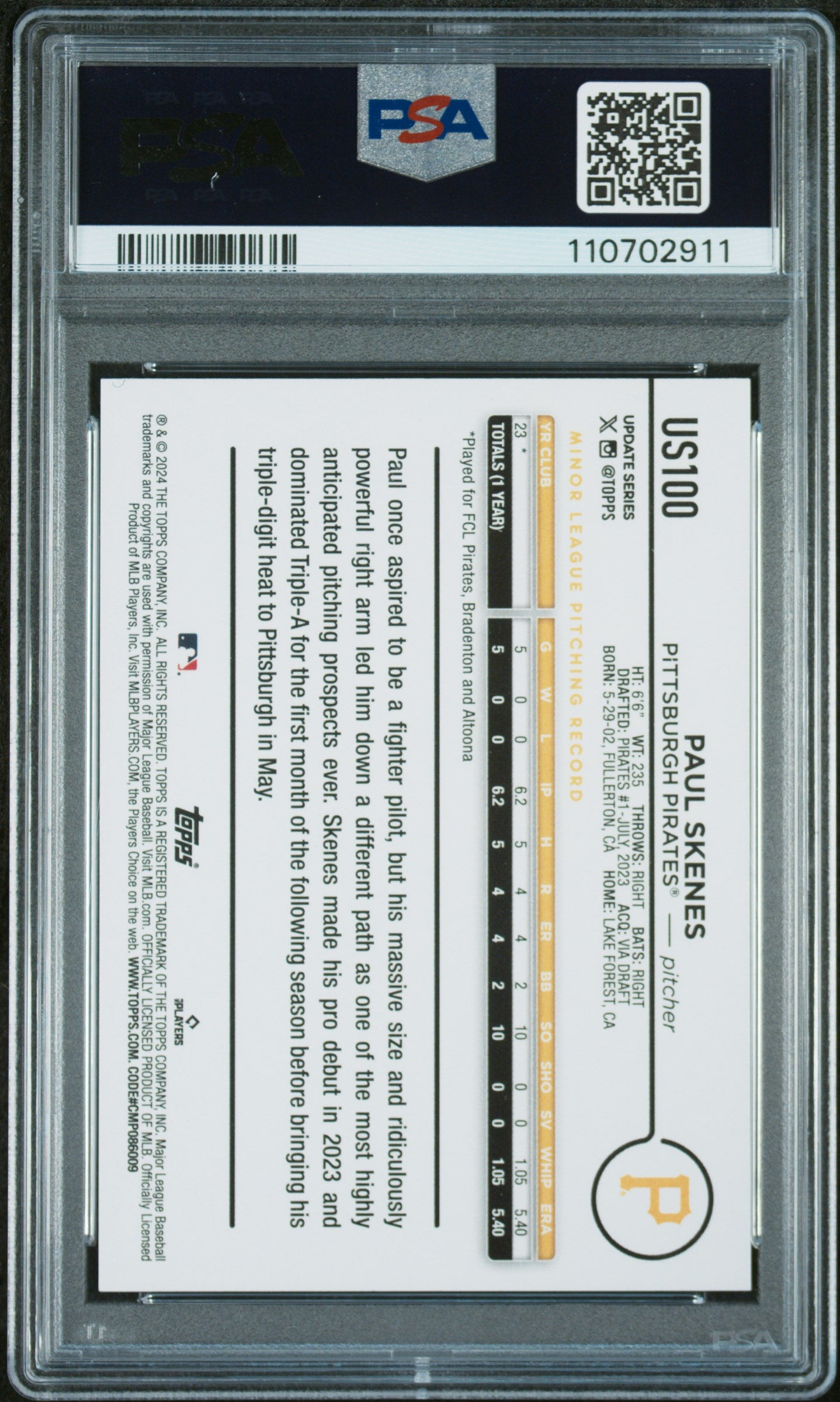 2024 Topps Update #US100 Paul Skenes PSA 10