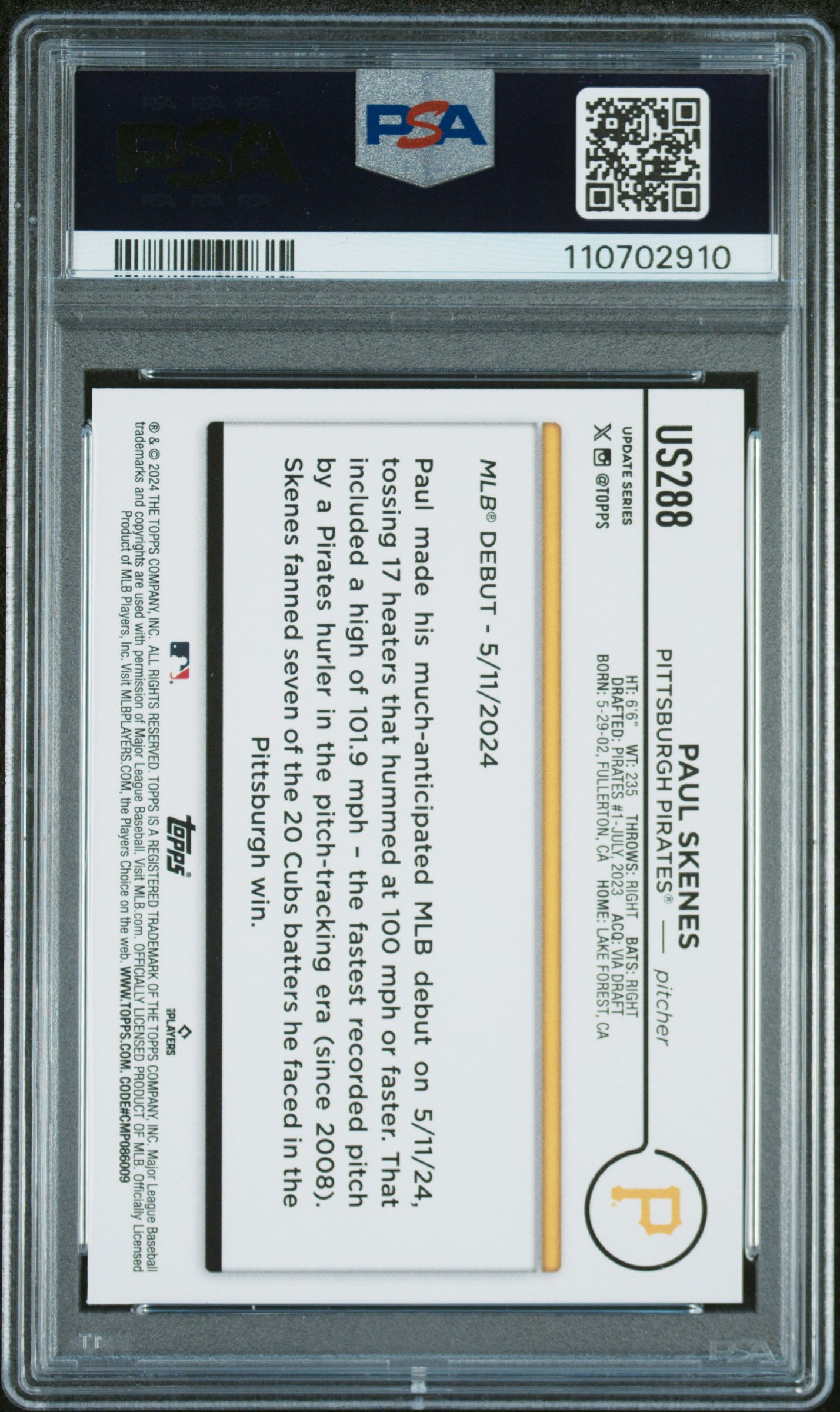 2024 Topps Update #US288 Paul Skenes PSA 10