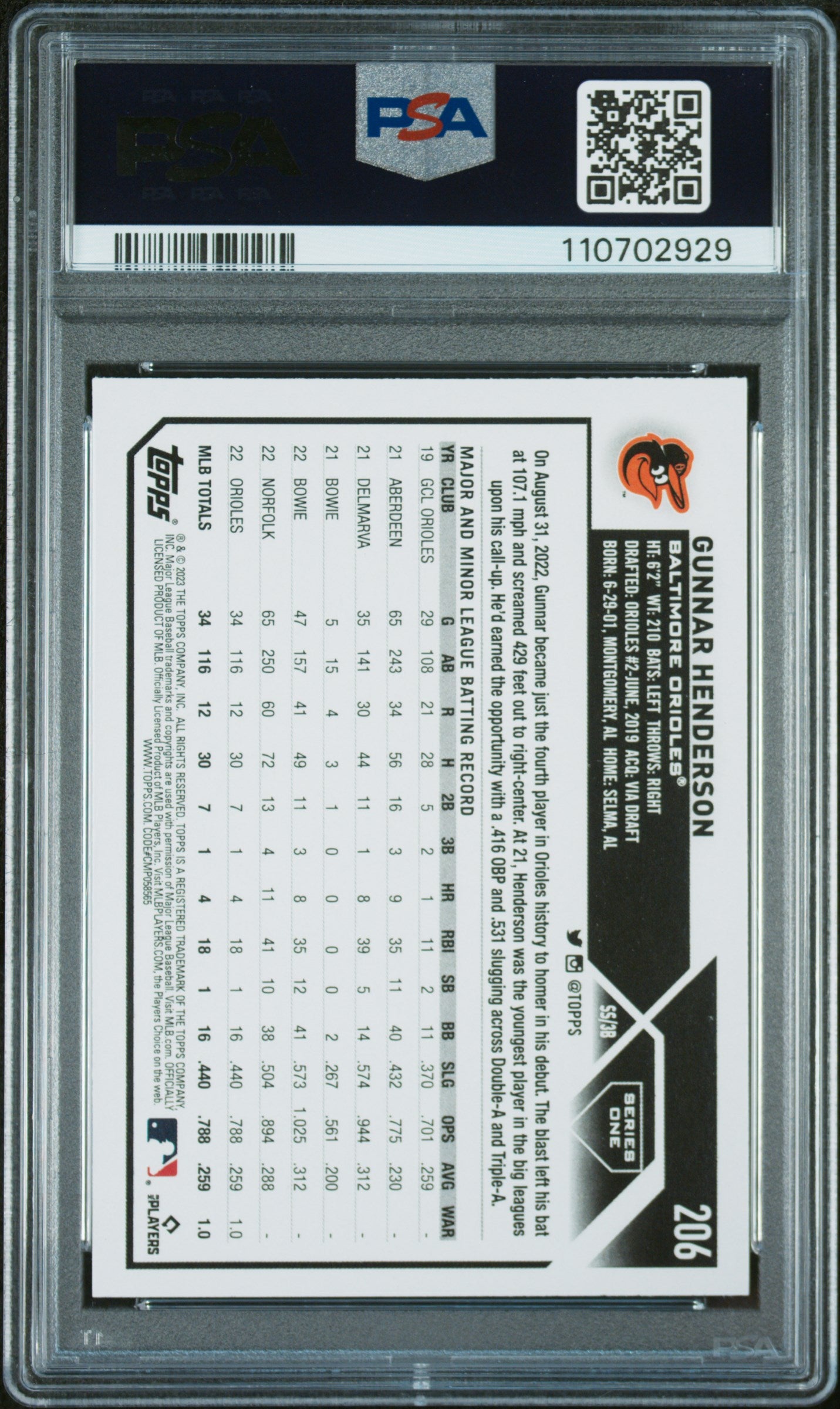 2023 Topps #206 Gunnar Henderson PSA 10