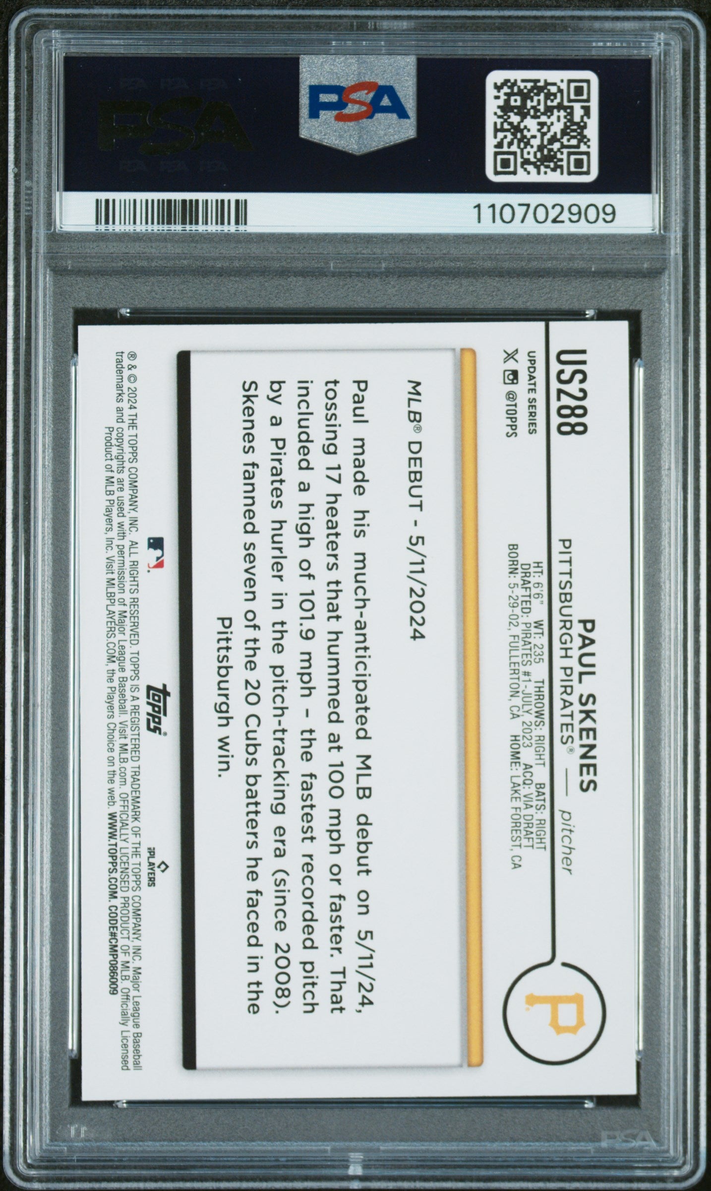2024 Topps Update #US288 Paul Skenes PSA 10