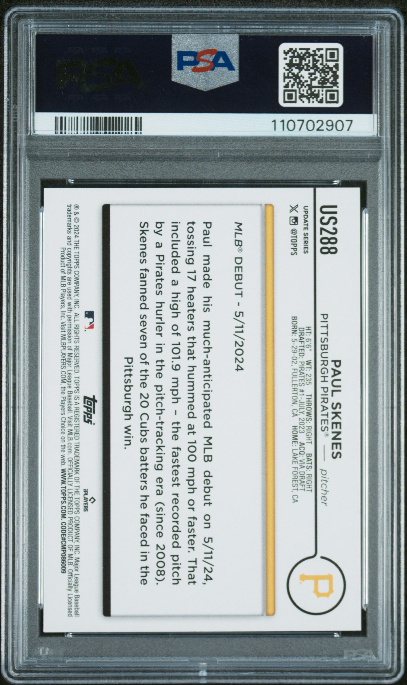 2024 Topps Update #US288 Paul Skenes PSA 10