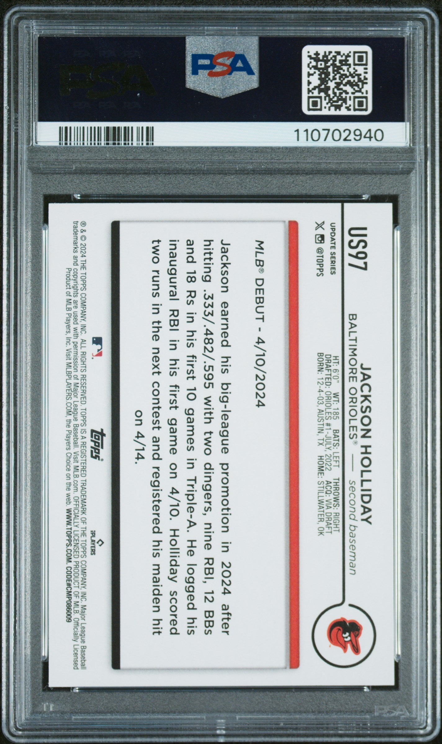 2024 Topps Update #US97 Jackson Holliday PSA 10