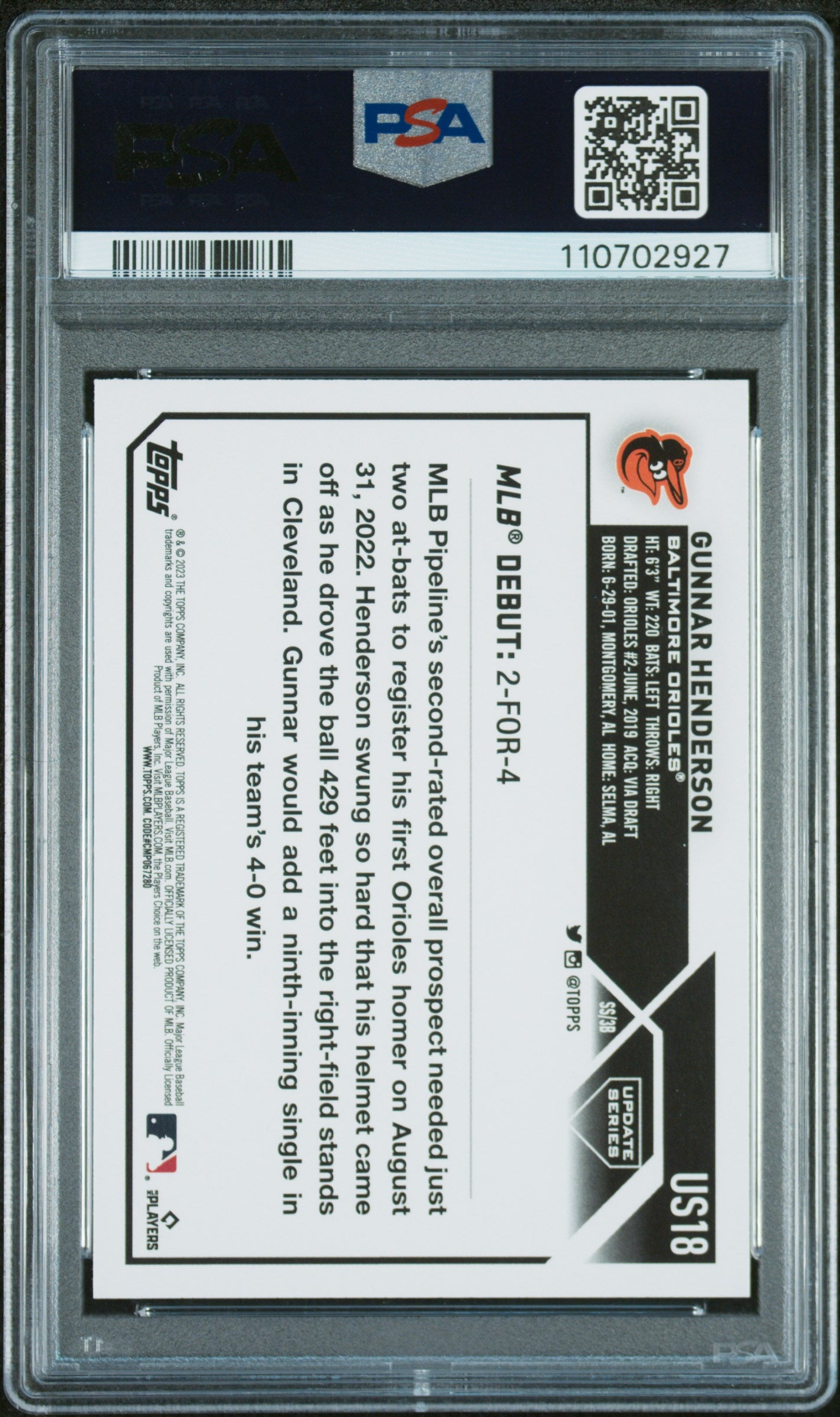 2023 Topps Update #US18 Gunnar Henderson PSA 10