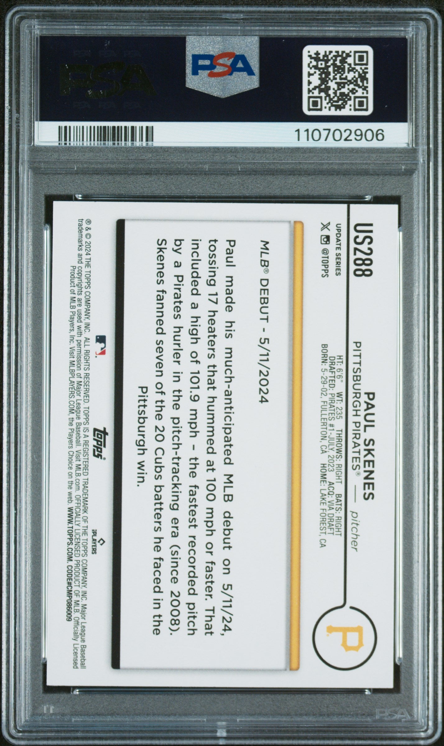 2024 Topps Update #US288 Paul Skenes PSA 10