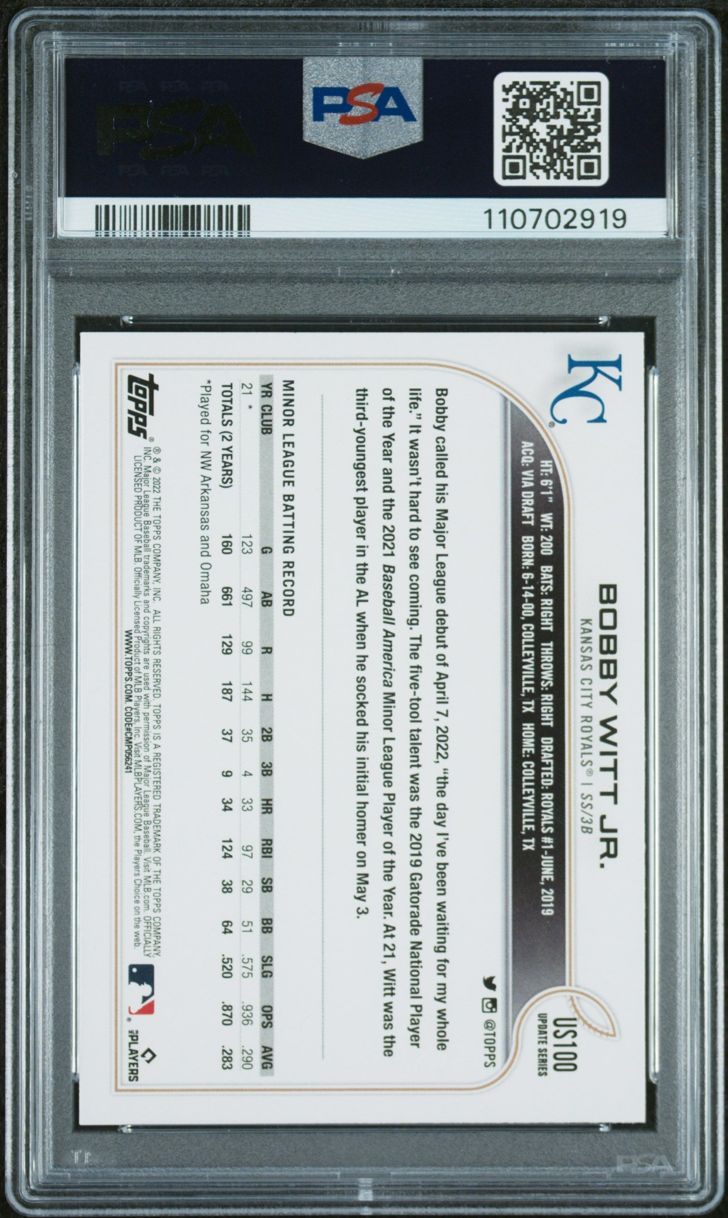 2022 Topps Update #US100 Bobby Witt Jr. PSA 10