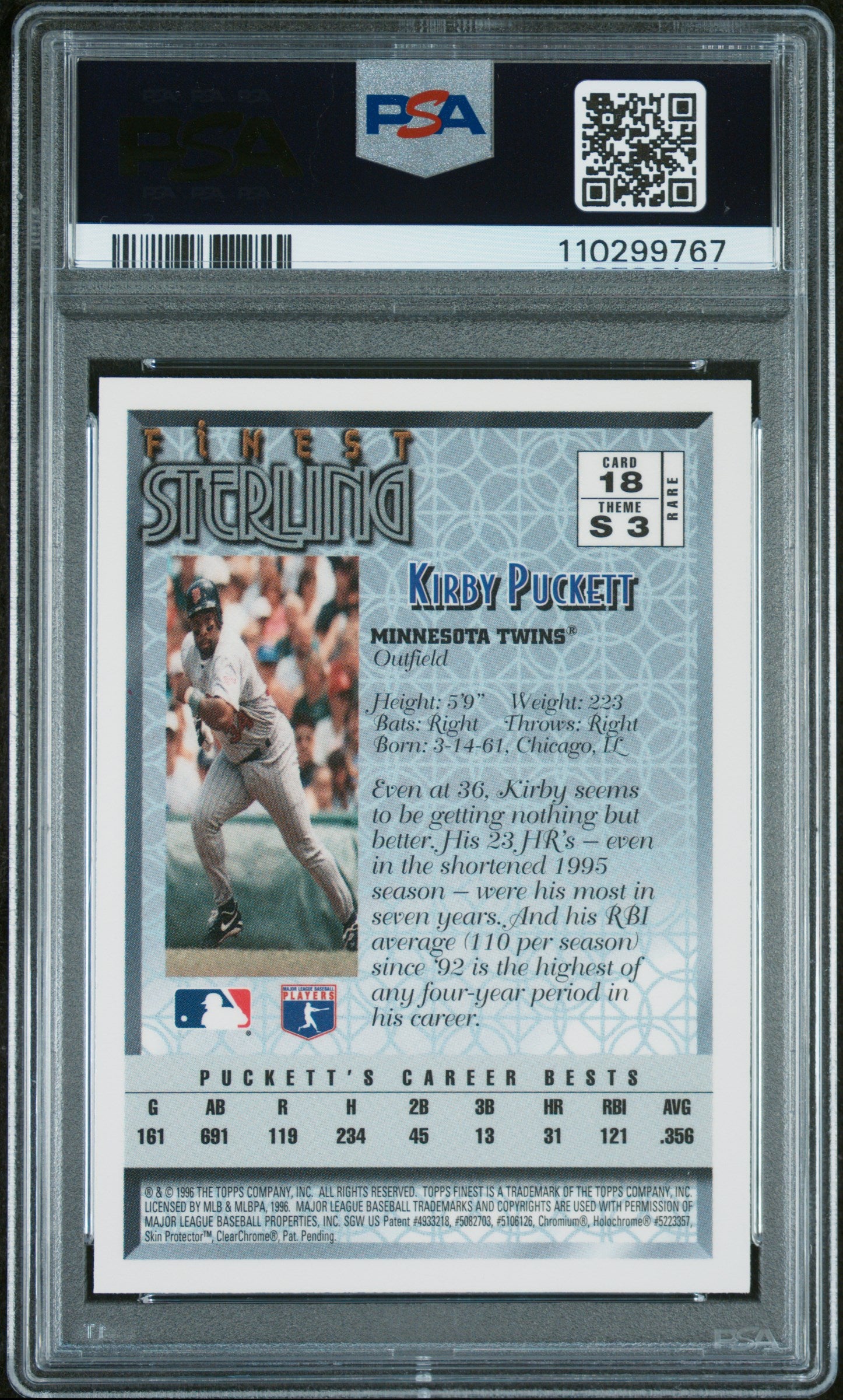 1996 Finest #18 Kirby Puckett PSA 10