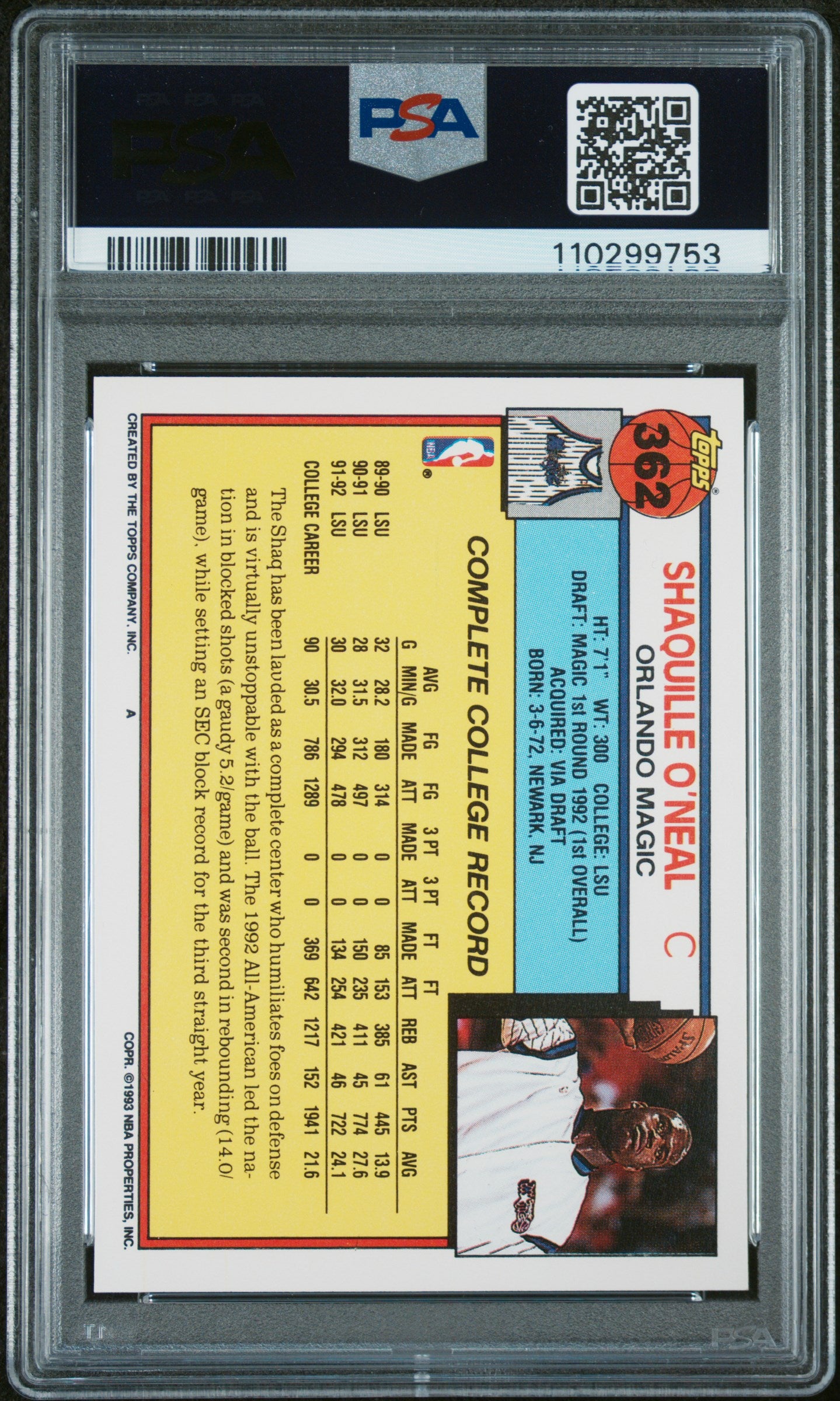 1992 Topps #362 Shaquille O'Neal PSA 9