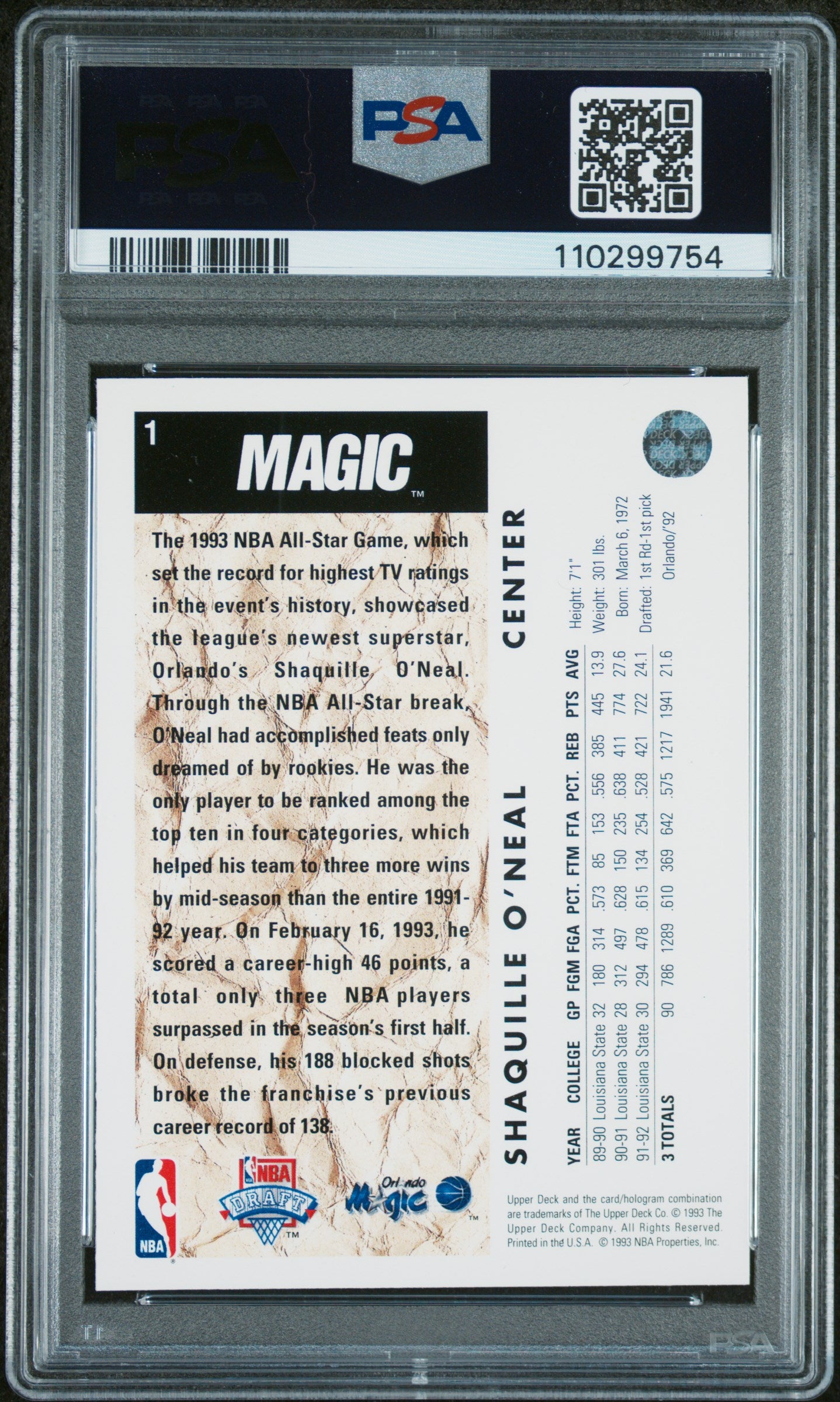 1992 Upper Deck #1 Shaquille O'Neal PSA 7