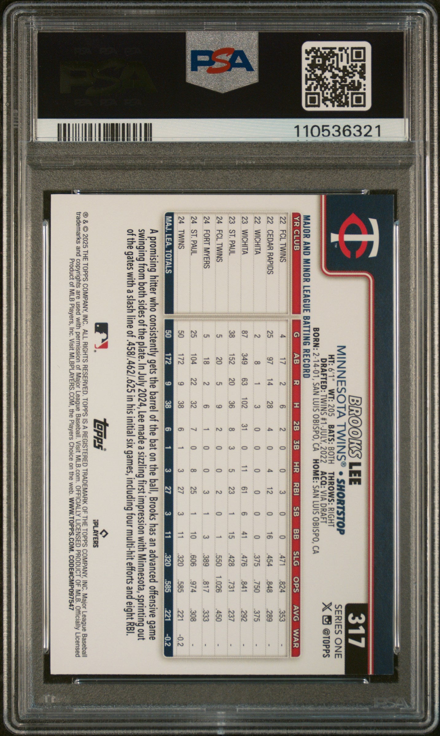 2025 Topps #317 Brooks Lee PSA 10