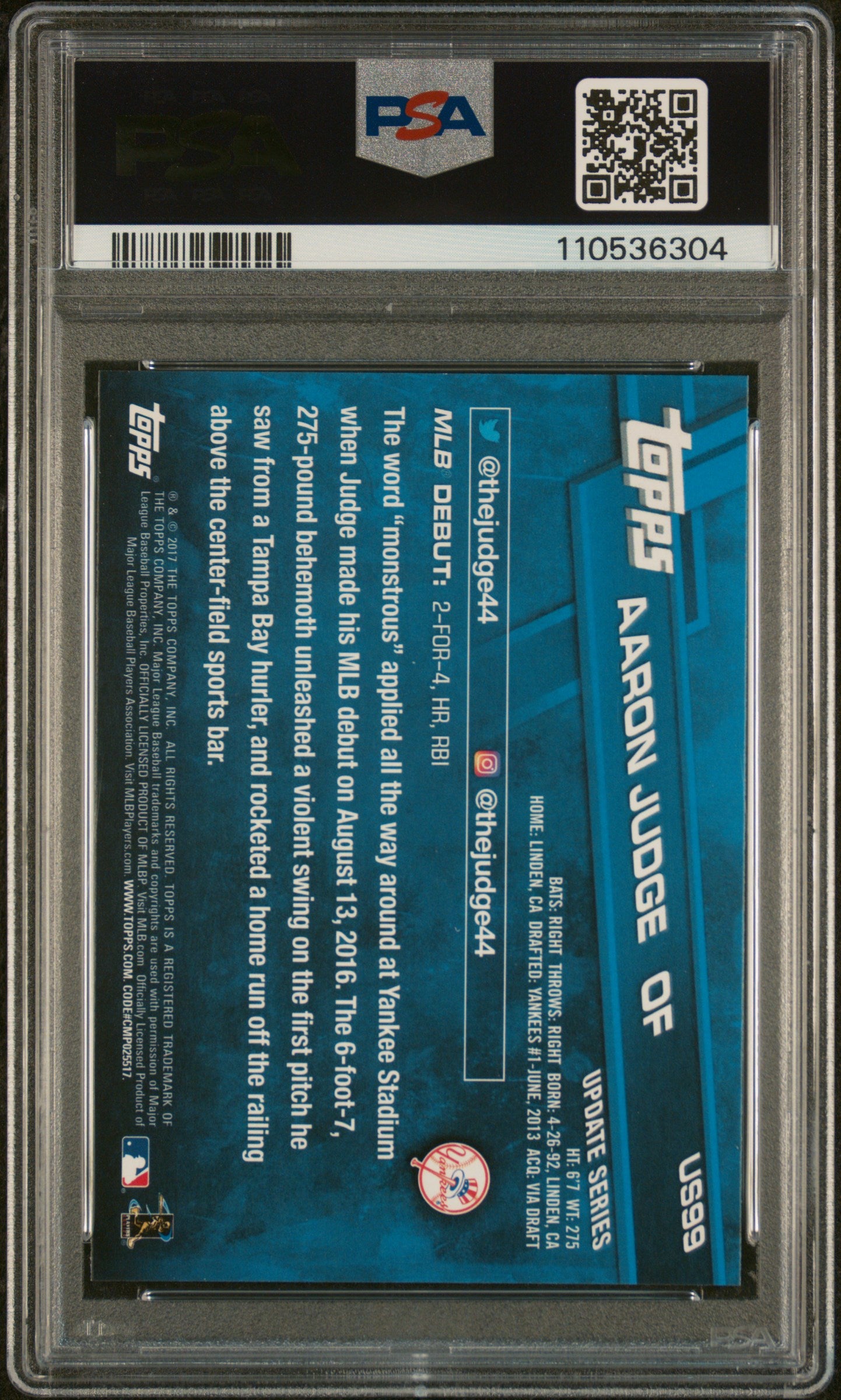 2017 Topps Update #US99 Aaron Judge Rookie Debut PSA 10