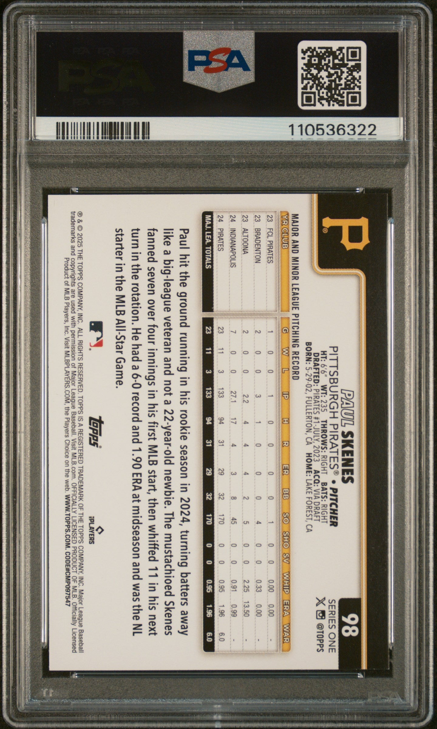 2025 Topps #98 Paul Skenes PSA 9