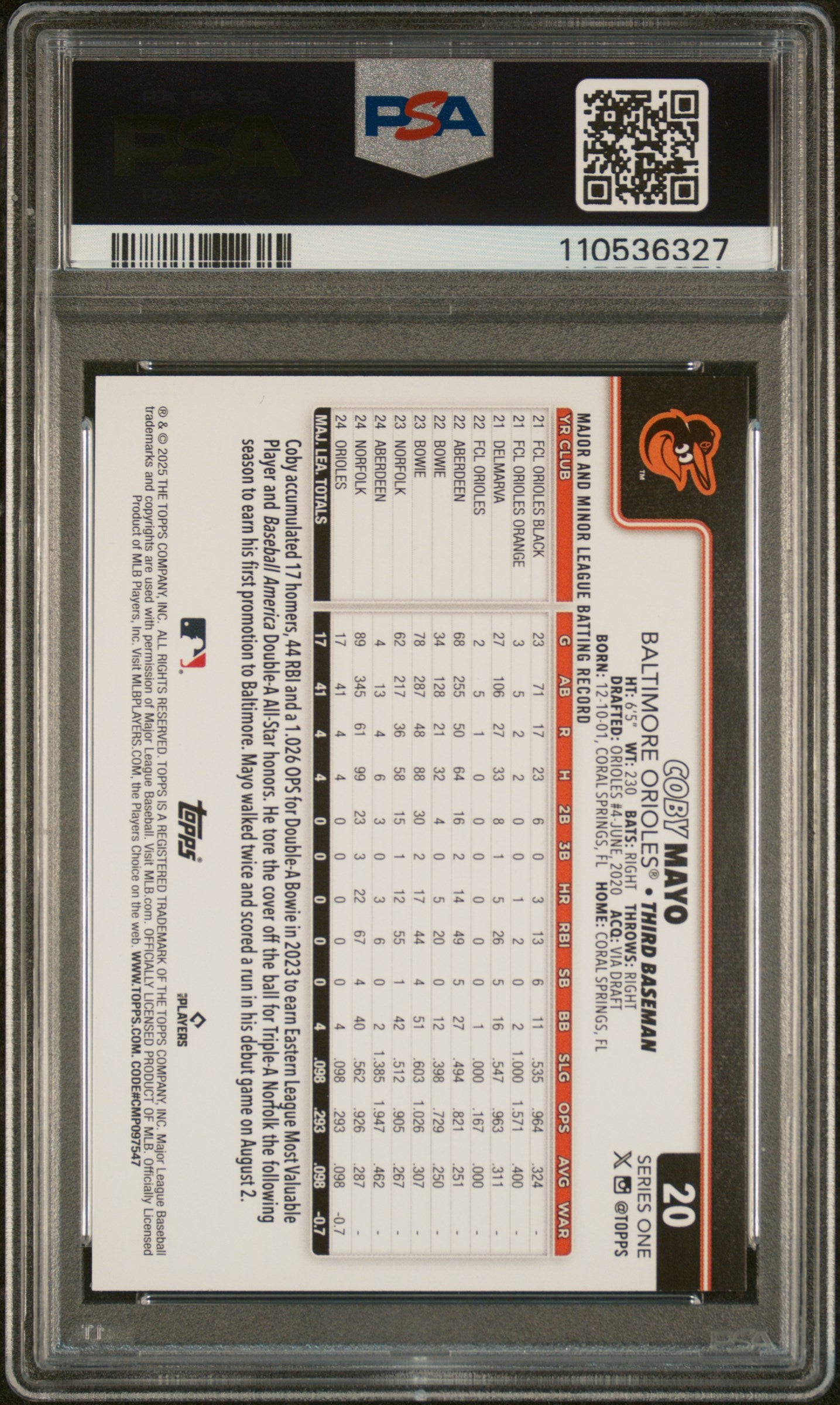 2025 Topps #20 Coby Mayo PSA 10