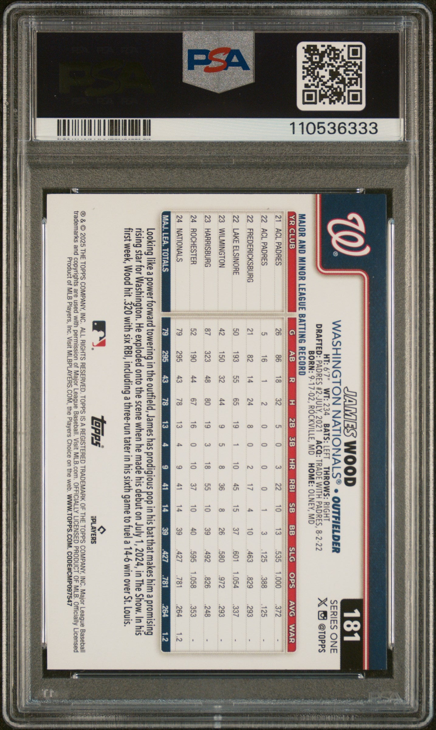 2025 Topps #181 James Wood PSA 10