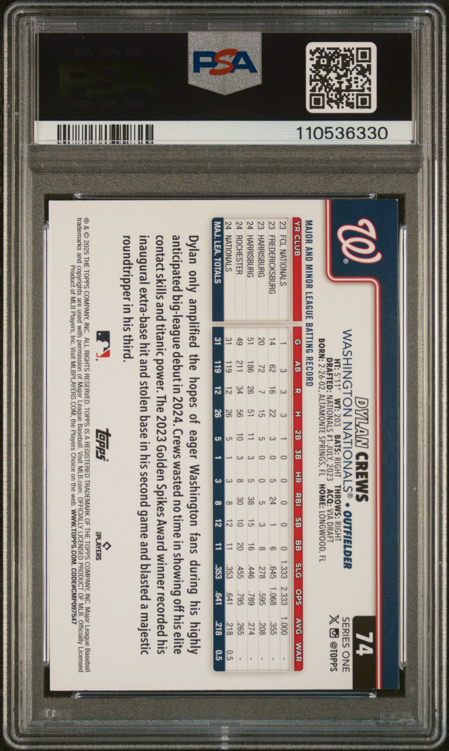 2025 Topps #74 Dylan Crews PSA 9