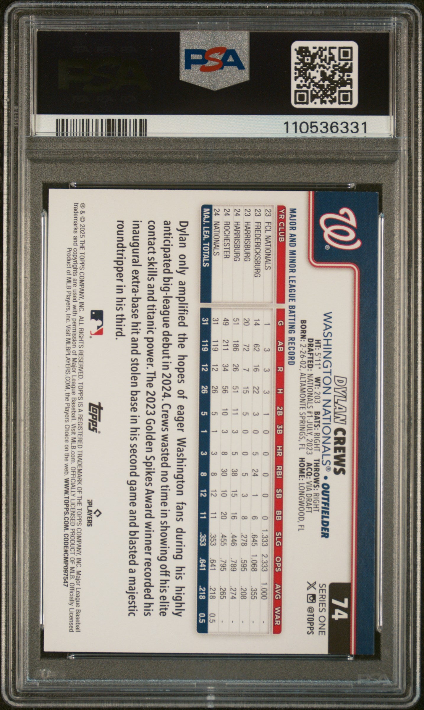 2025 Topps #74 Dylan Crews PSA 9