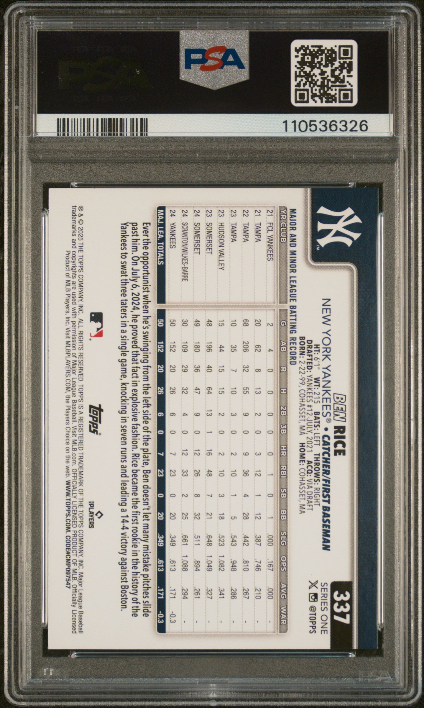 2025 Topps #337 Ben Rice PSA 9