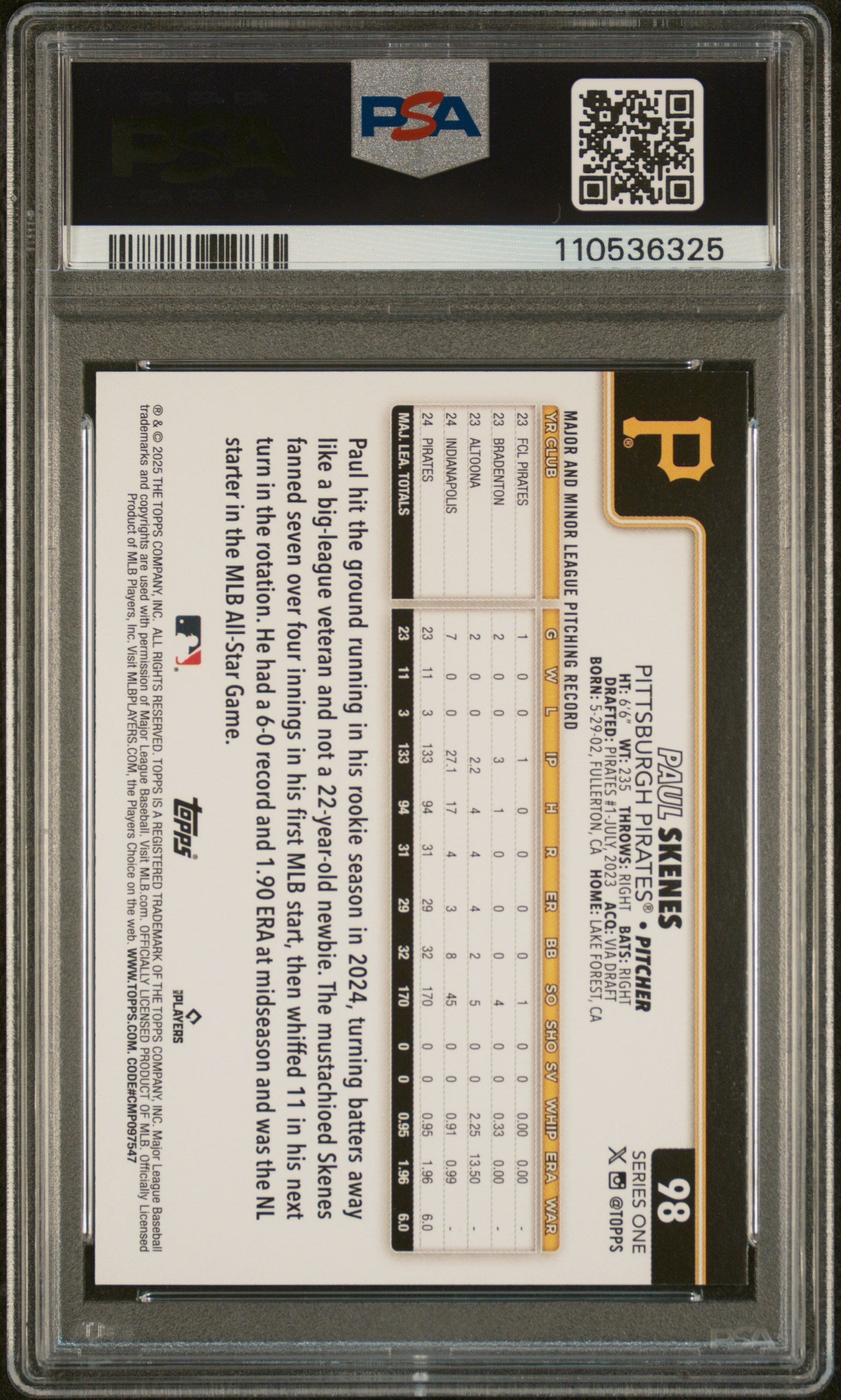 2025 Topps #98 Paul Skenes PSA 9