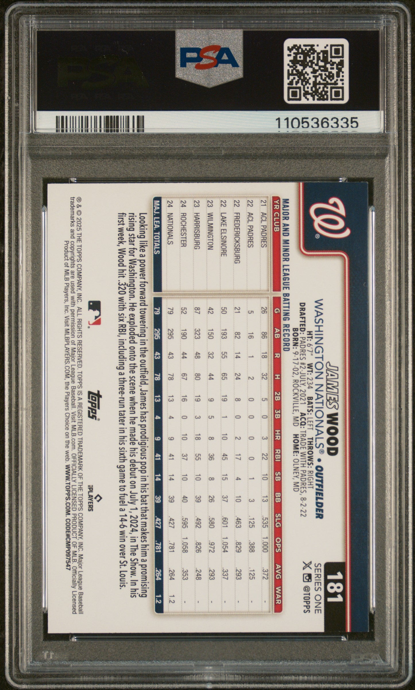 2025 Topps #181 James Wood PSA 9