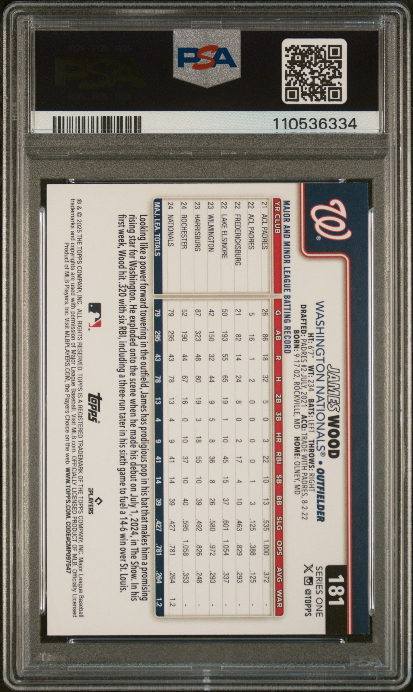 2025 Topps #181 James Wood PSA 9