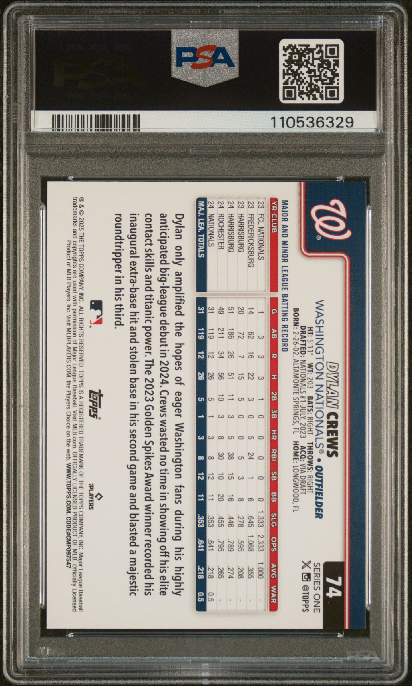 2025 Topps #74 Dylan Crews PSA 9