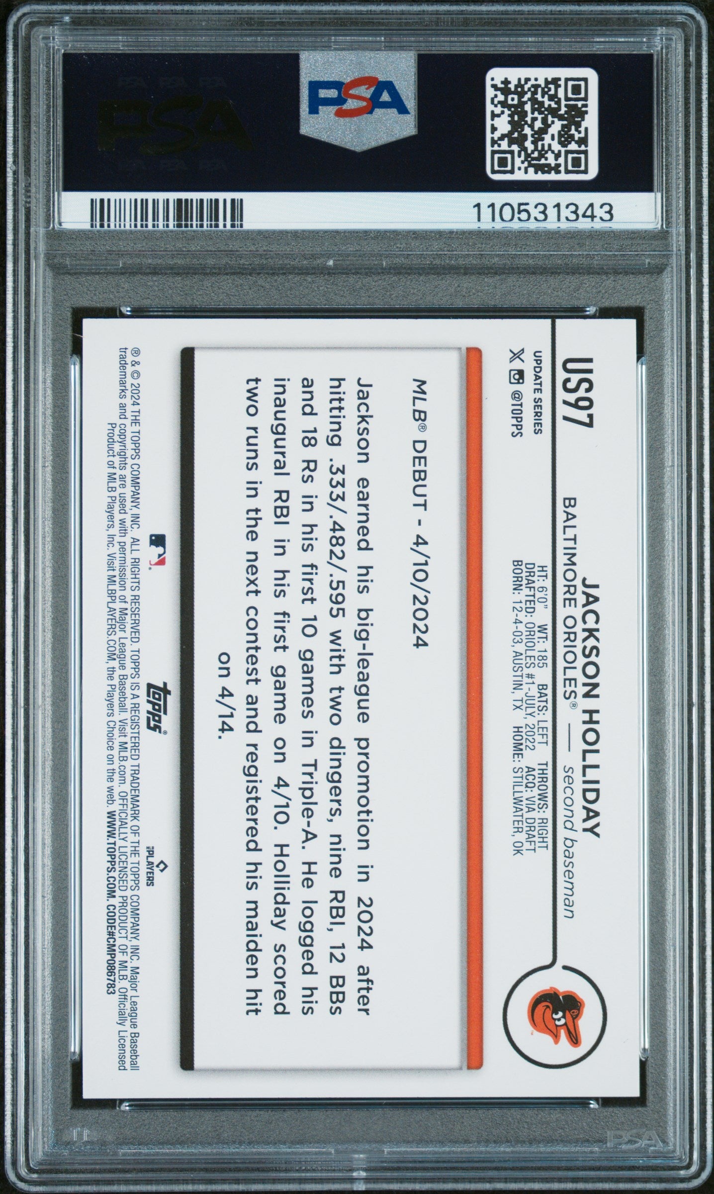 2024 Topps Update #US97 Jackson Holliday Holiday PSA 10