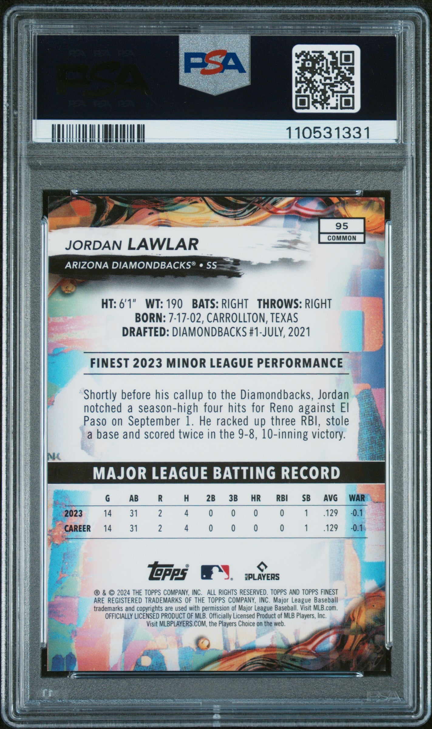 2024 Topps Finest #95 Jordan Lawlar Sky Blue Refractor PSA 10