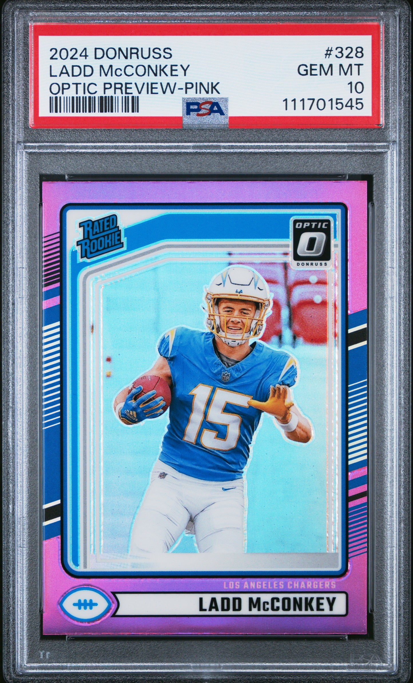 2024 Panini Donruss #328 Ladd Mcconkey Optic Preview-Pink PSA 10