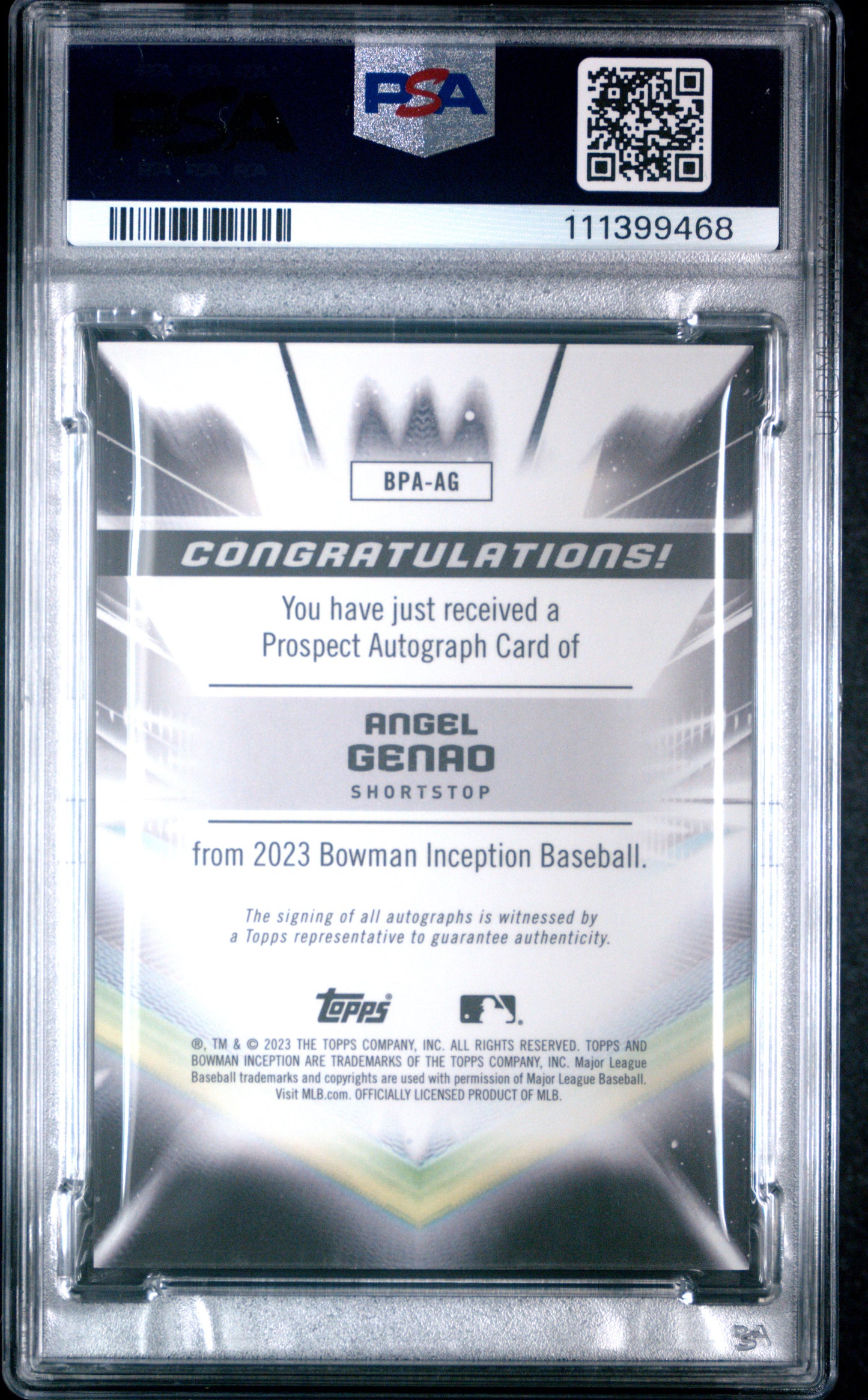 2023 Bowman Inception Autographs #BPAAG Angel Genao Autograph-Gold Foil PSA 9