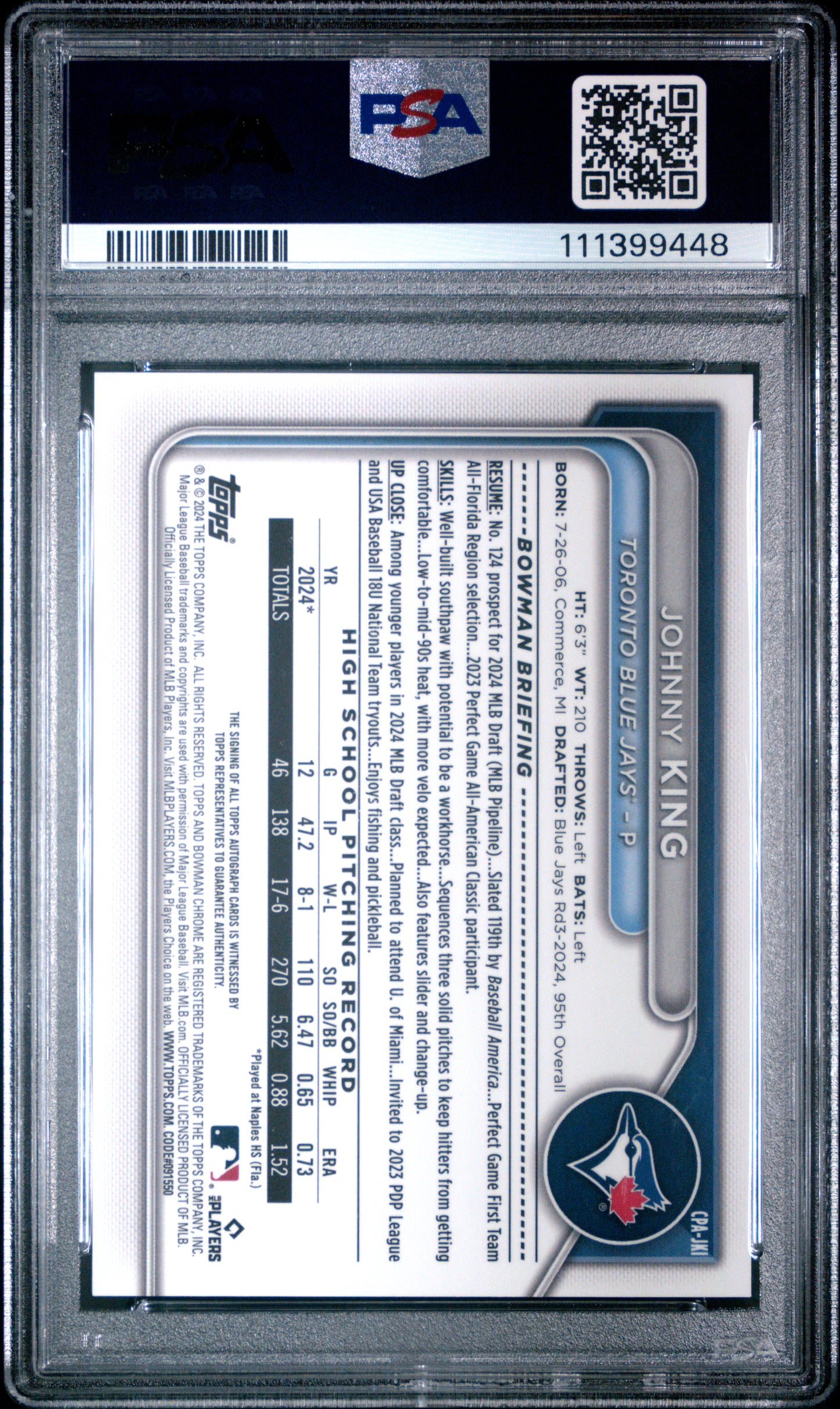 2024 Bowman Draft Chrome Prospect Autographs #CPAJKI Johnny King PSA 10