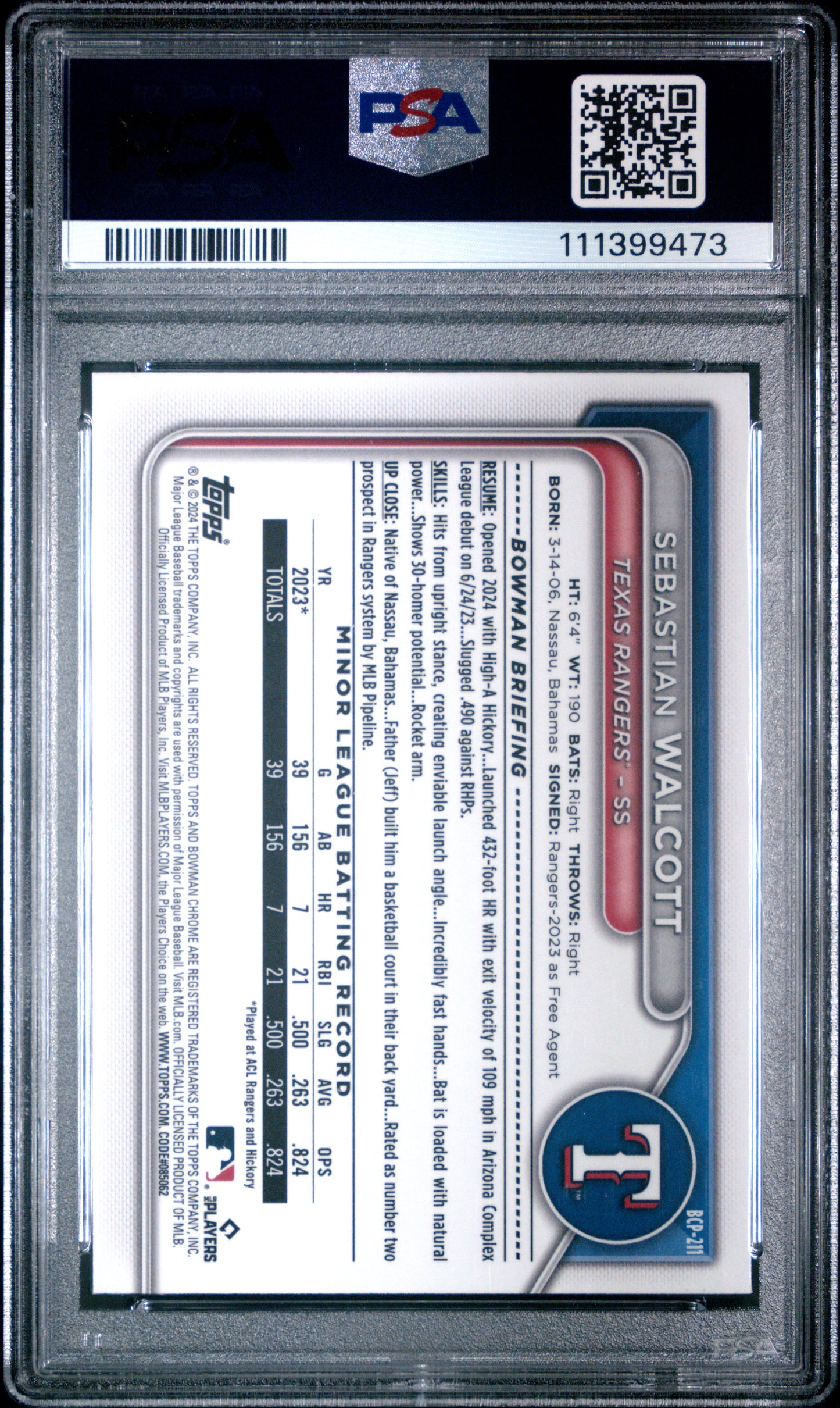 2024 Bowman Chrome Prospects #BCP211 Sebastian Walcott Fuchsia Shimmer PSA 9