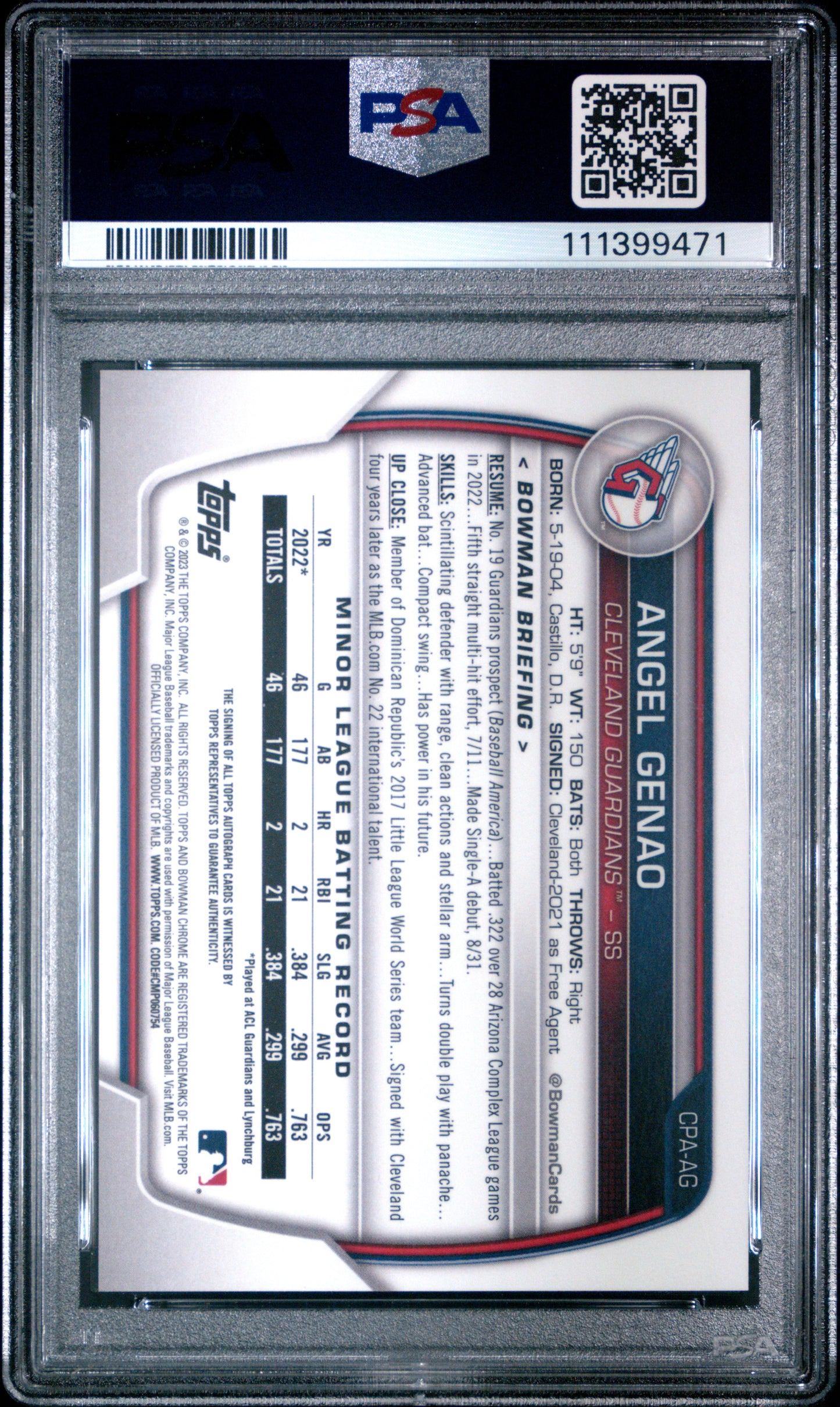 2023 Bowman Chrome Prospect Autographs #CPAAG Angel Genao PSA 10