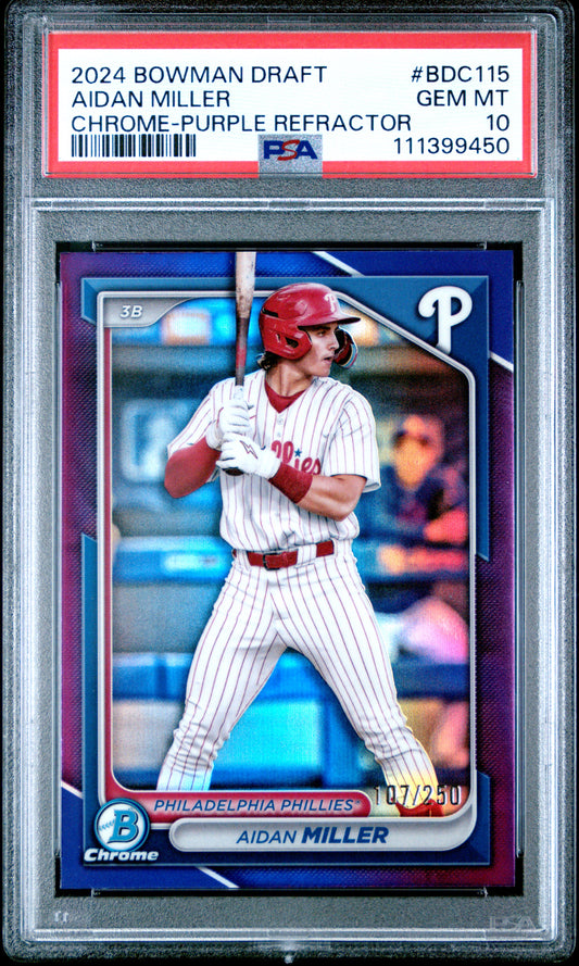 2024 Bowman Draft #BDC115 Aidan Miller Chrome-Purple Refractor PSA 10
